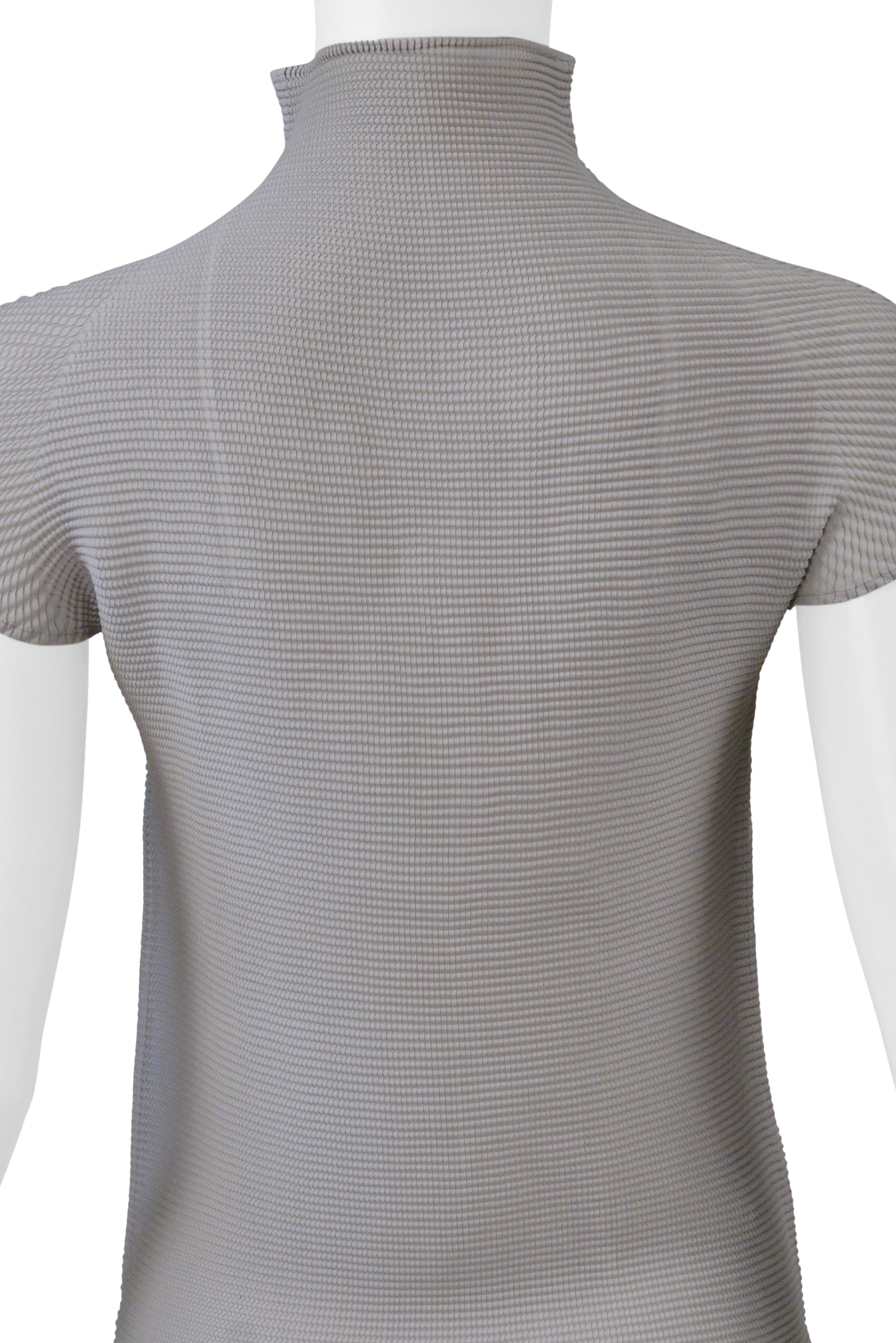 ISSEY MIYAKE PLEATS DI MIYAKE PUTTY COLORED PLEATED HIGH NECK SHORT SLEEVE TOP 2000