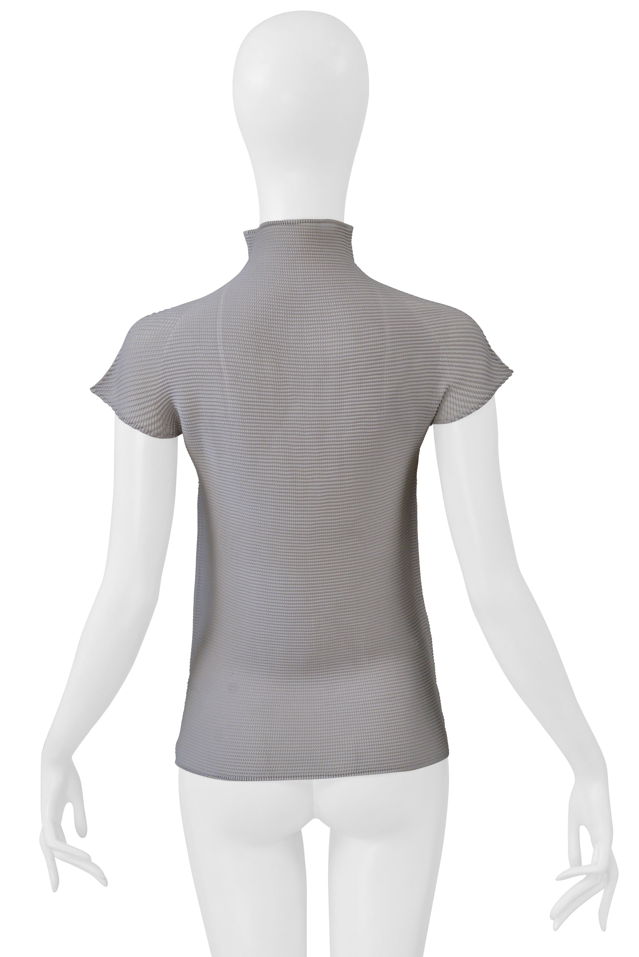 ISSEY MIYAKE PLEATS DI MIYAKE PUTTY COLORED PLEATED HIGH NECK SHORT SLEEVE TOP 2000