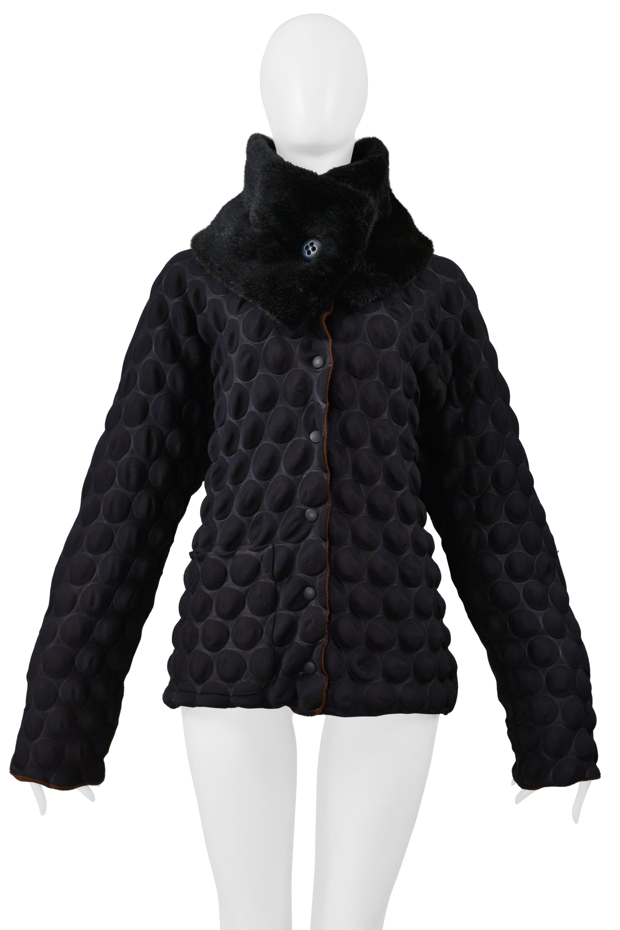 ISSEY MIYAKE "EGG CARTON" BUBBLE JACKET WITH FAUX FUR 2000