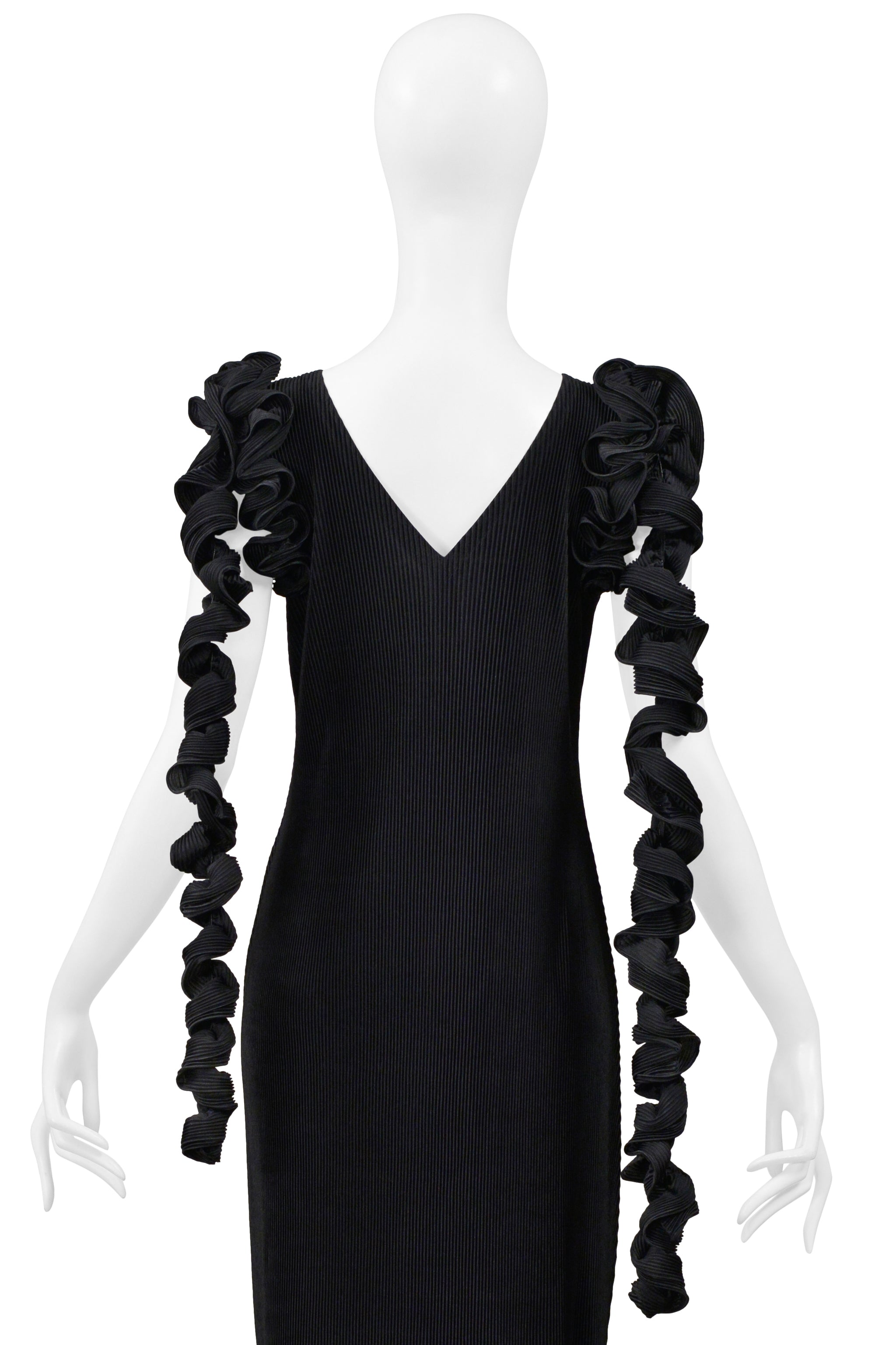 ISSEY MIYAKE BLACK PLEATED GOWN WITH SPIRAL TENDRILS 2000-2001