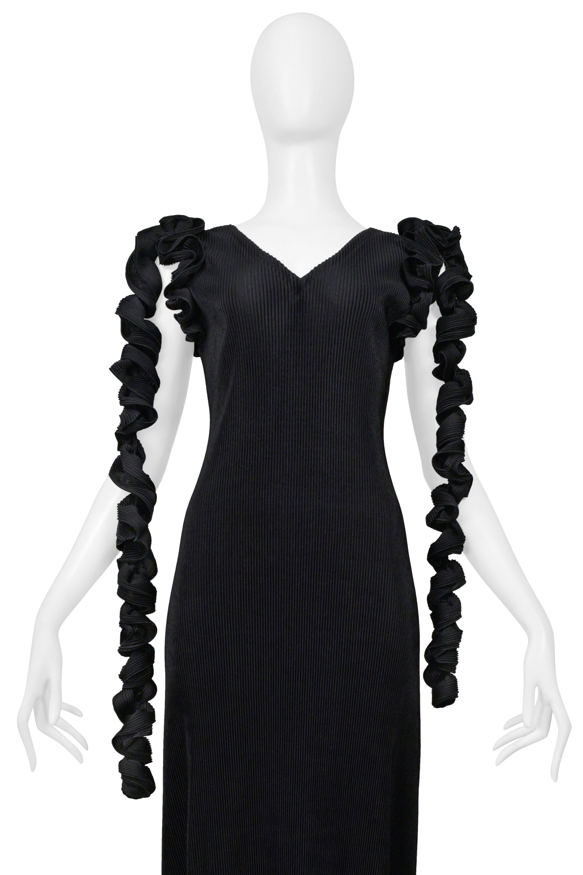 ISSEY MIYAKE BLACK PLEATED GOWN WITH SPIRAL TENDRILS 2000-2001