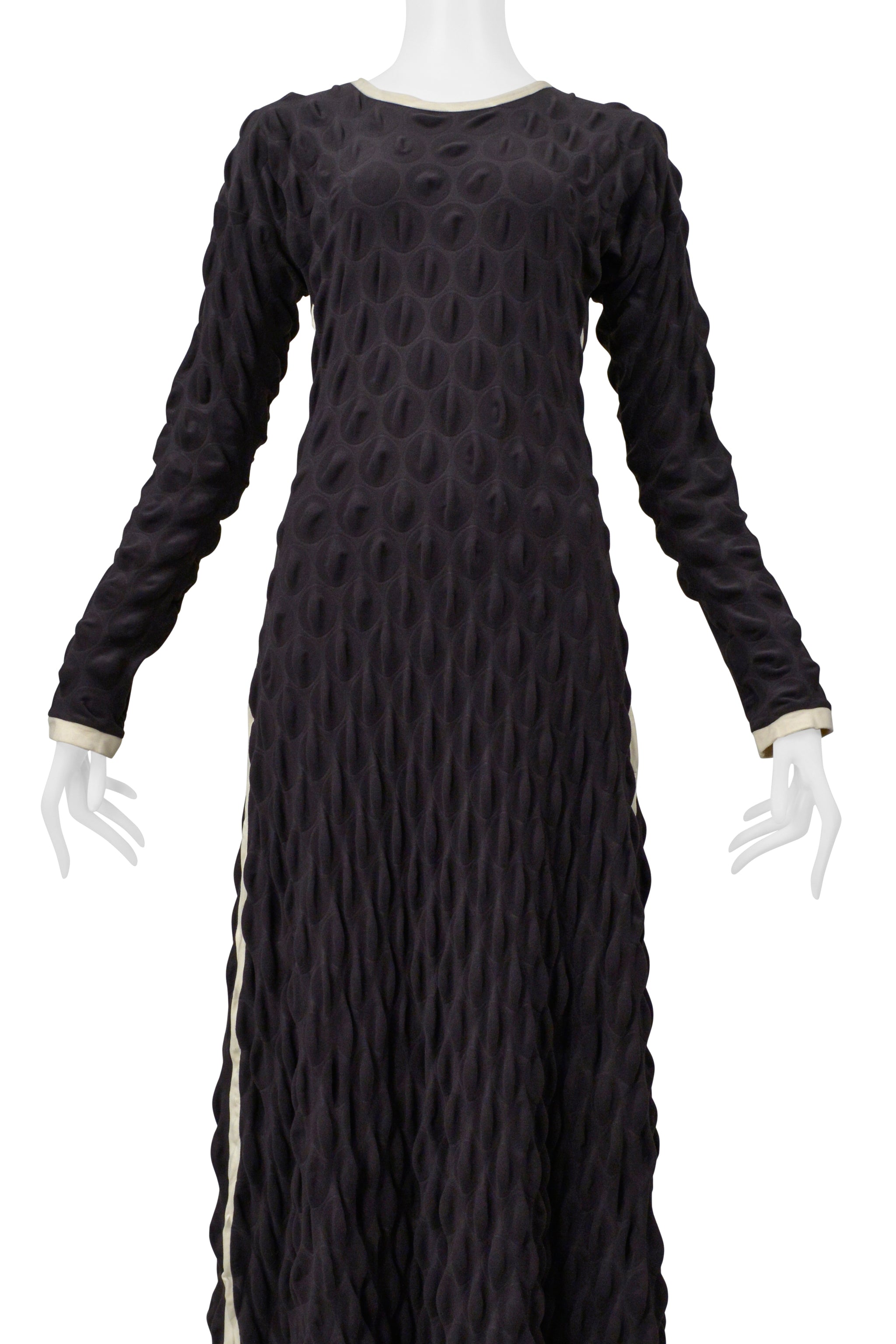 ISSEY MIYAKE BLACK "EGG CARTON" DRESS WITH OFF WHITE TRIM 2000