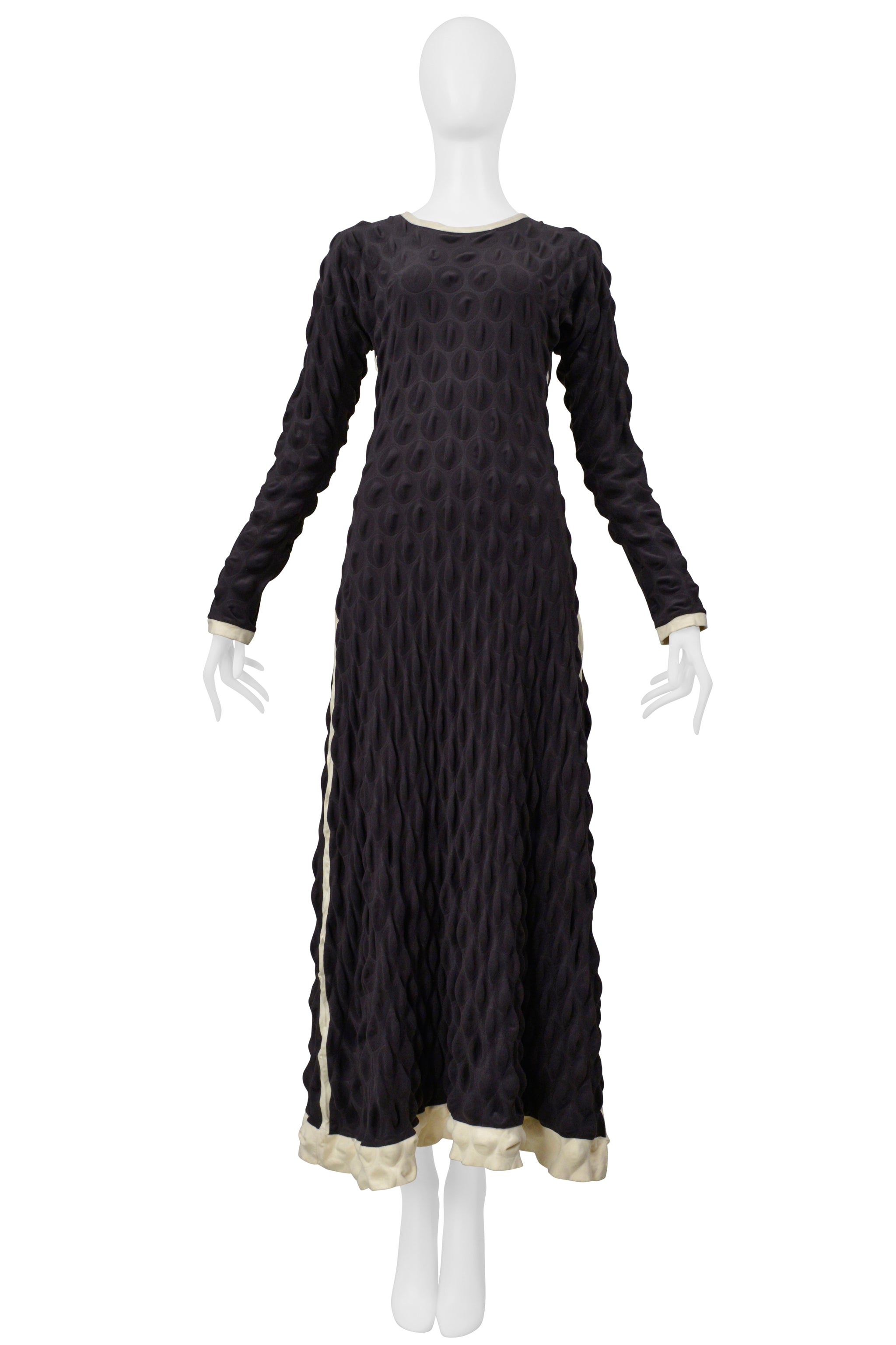 ISSEY MIYAKE BLACK "EGG CARTON" DRESS WITH OFF WHITE TRIM 2000