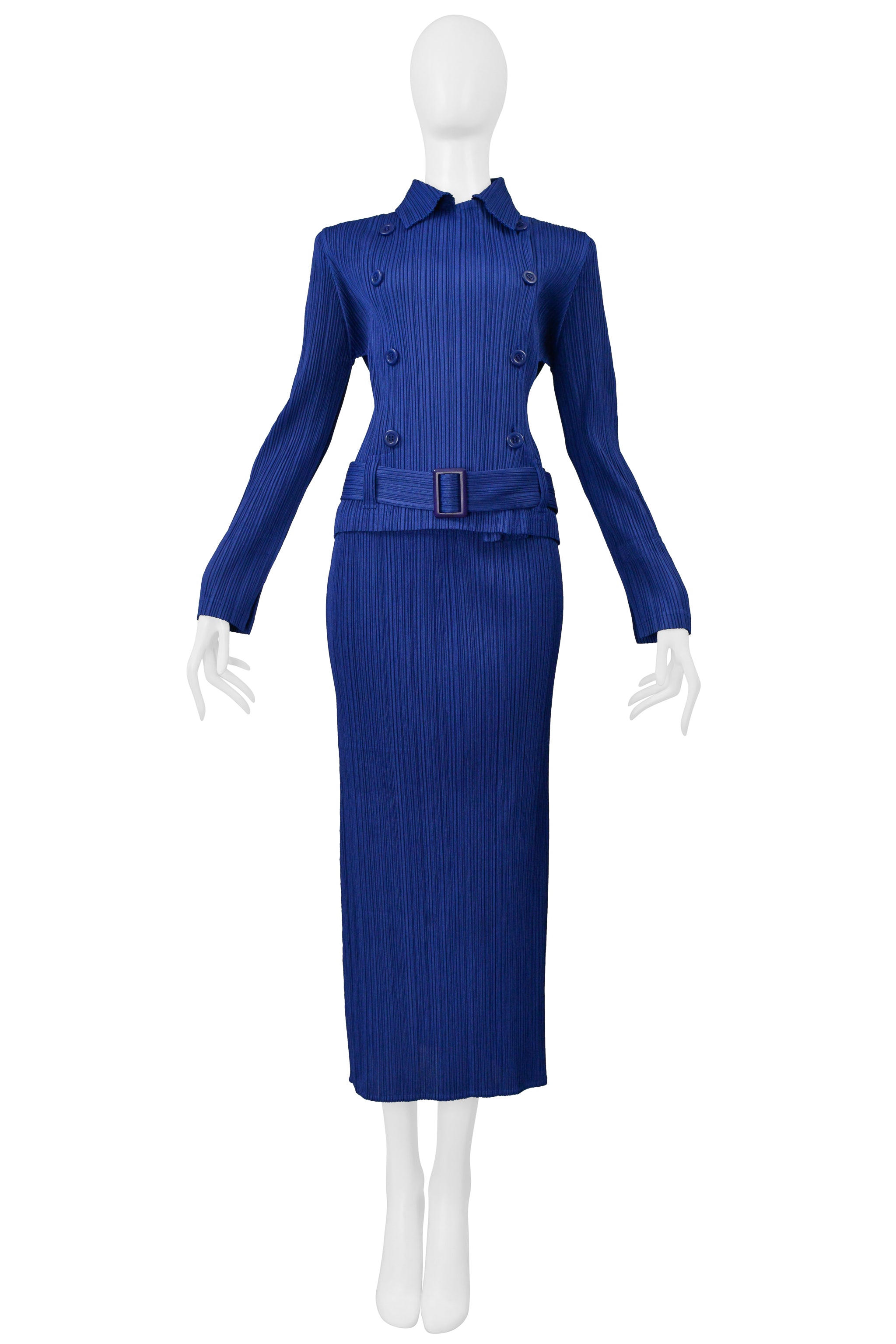 ISSEY MIYAKE PLEATS PLEASE BLUE PLEATED JACKET & SKIRT ENSEMBLE 2000