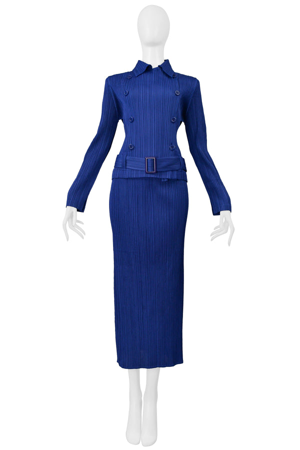 ISSEY MIYAKE PLEATS PLEASE BLUE PLEATED JACKET & SKIRT ENSEMBLE 2000