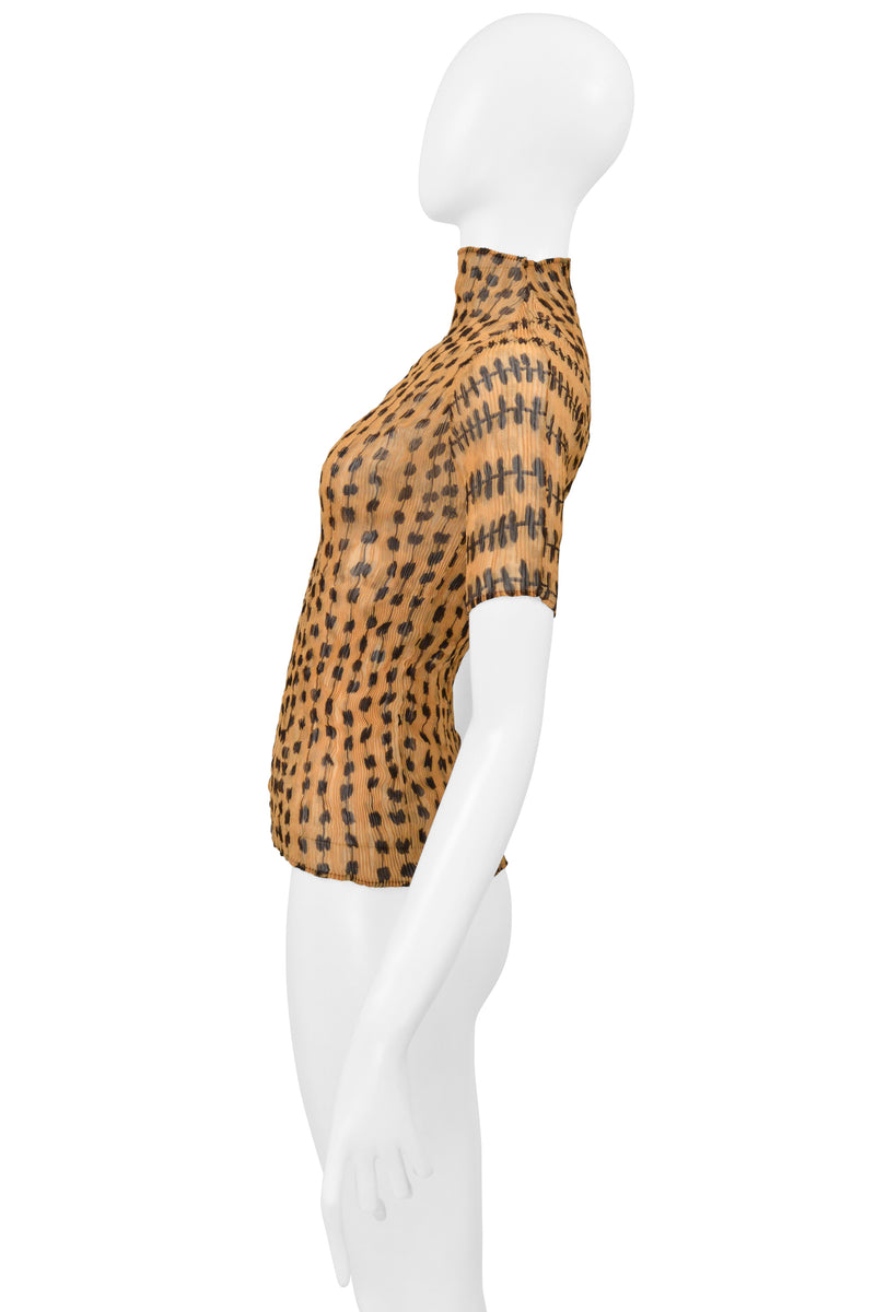 ISSEY MIYAKE TAN PLEATED SHEER TOP WITH ABSTRACT PRINT SS 2000