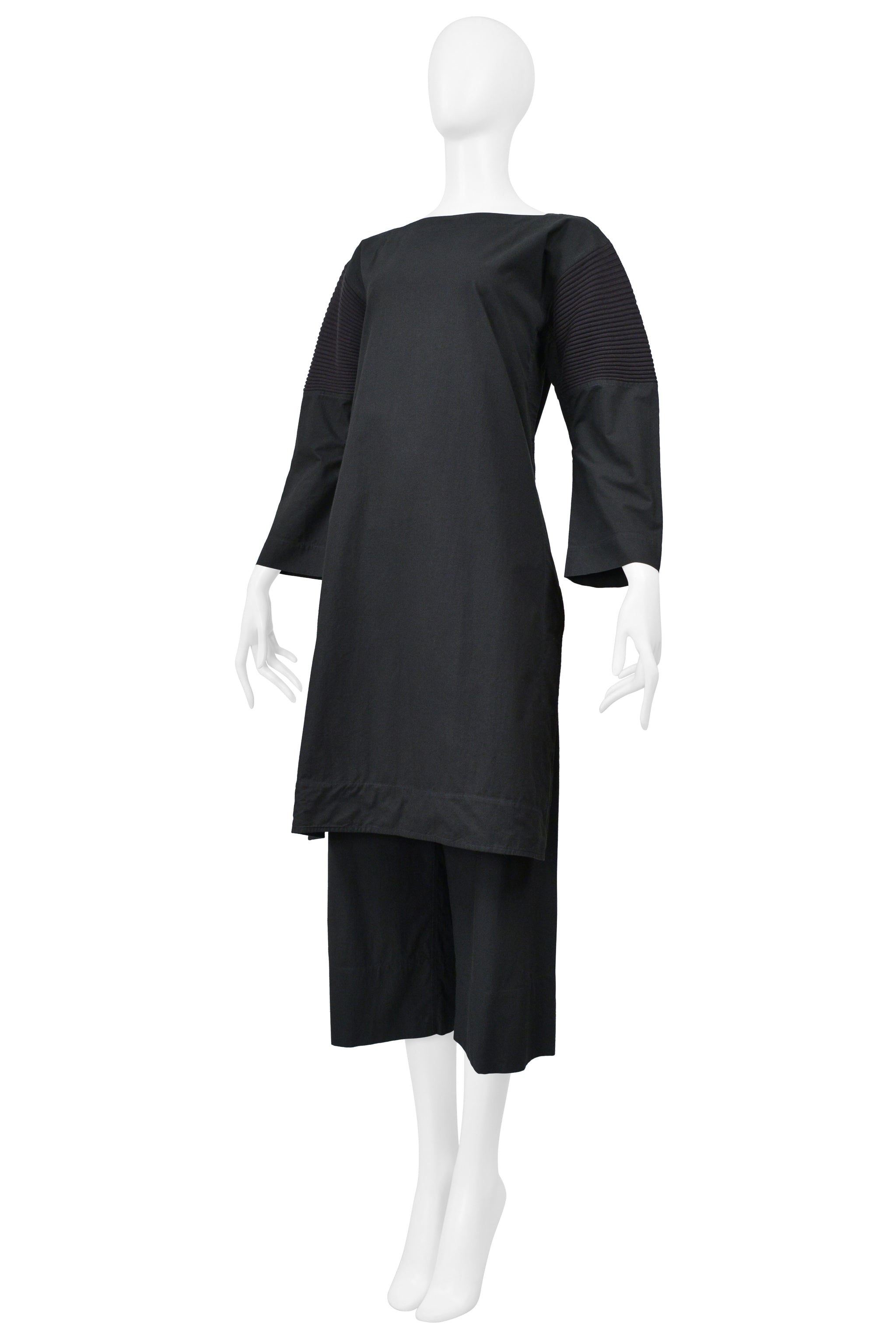 ISSEY MIYAKE BLACK GREEN ENSEMBLE WITH BOAT NECK TOP AND WIDE LEG TROUSERS 2001