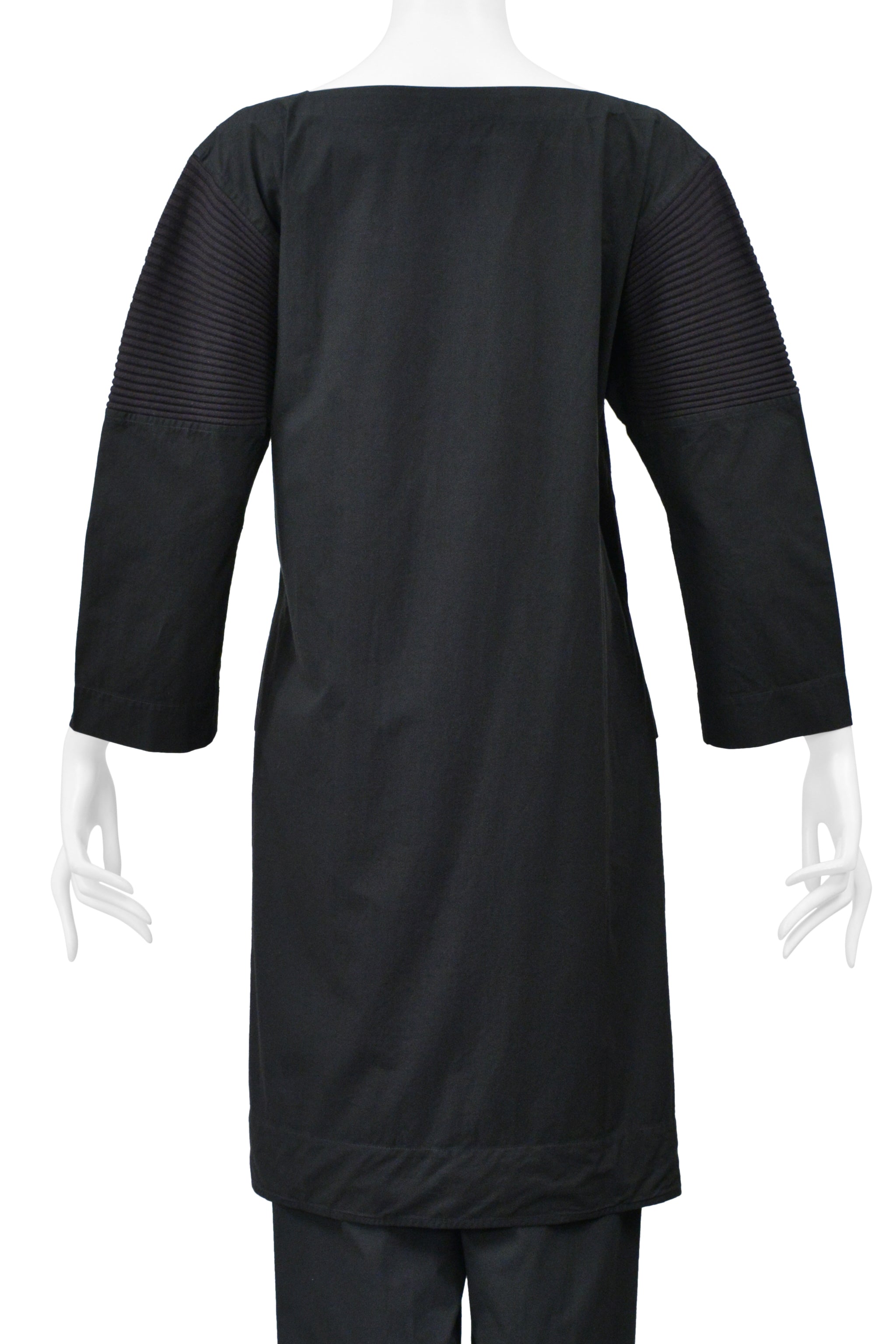 ISSEY MIYAKE BLACK GREEN ENSEMBLE WITH BOAT NECK TOP AND WIDE LEG TROUSERS 2001