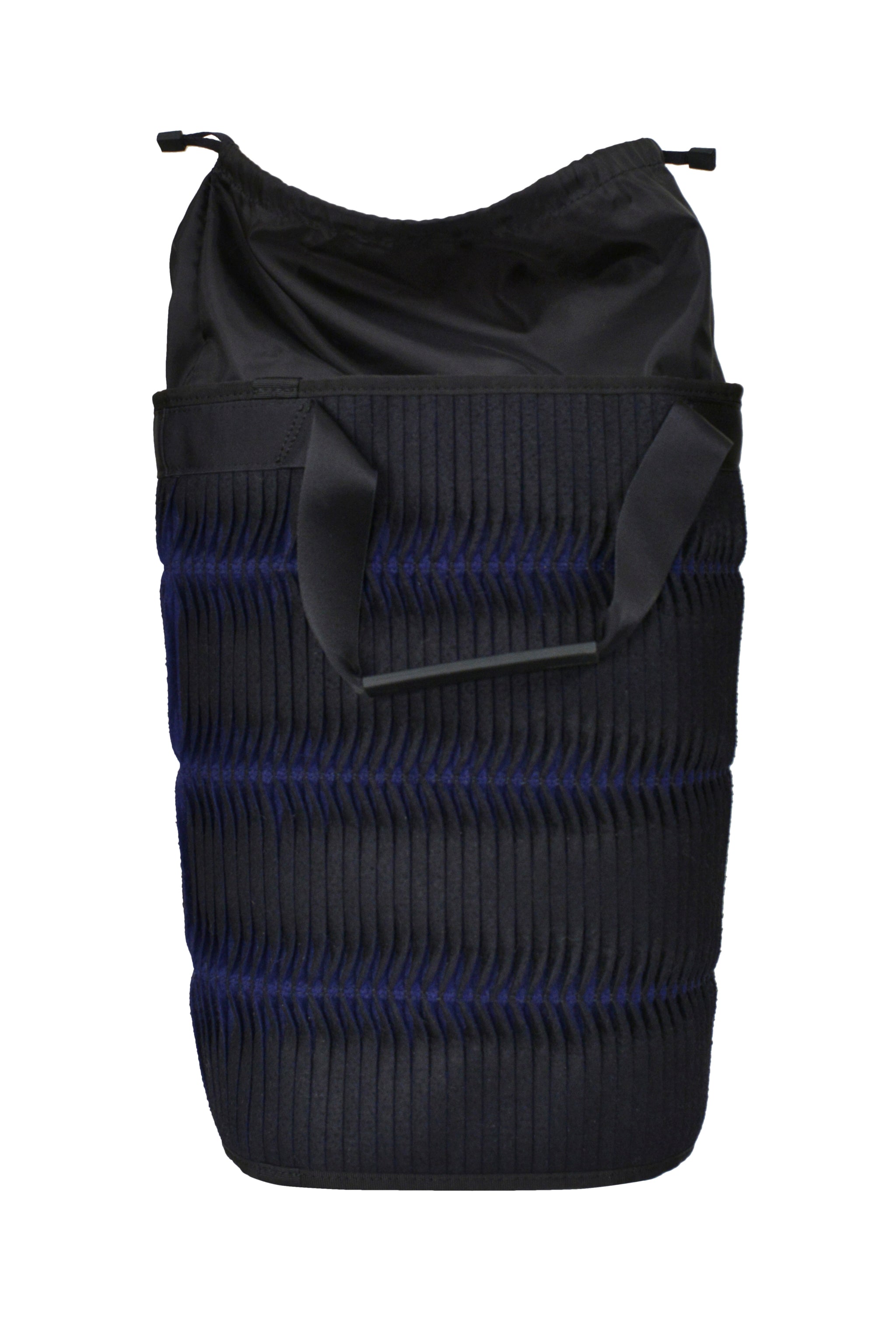 ISSEY MIYAKE BLACK VERTICAL PLEATED CYLINDER BAG WITH "STOP TELEVISION" PRINT 2001