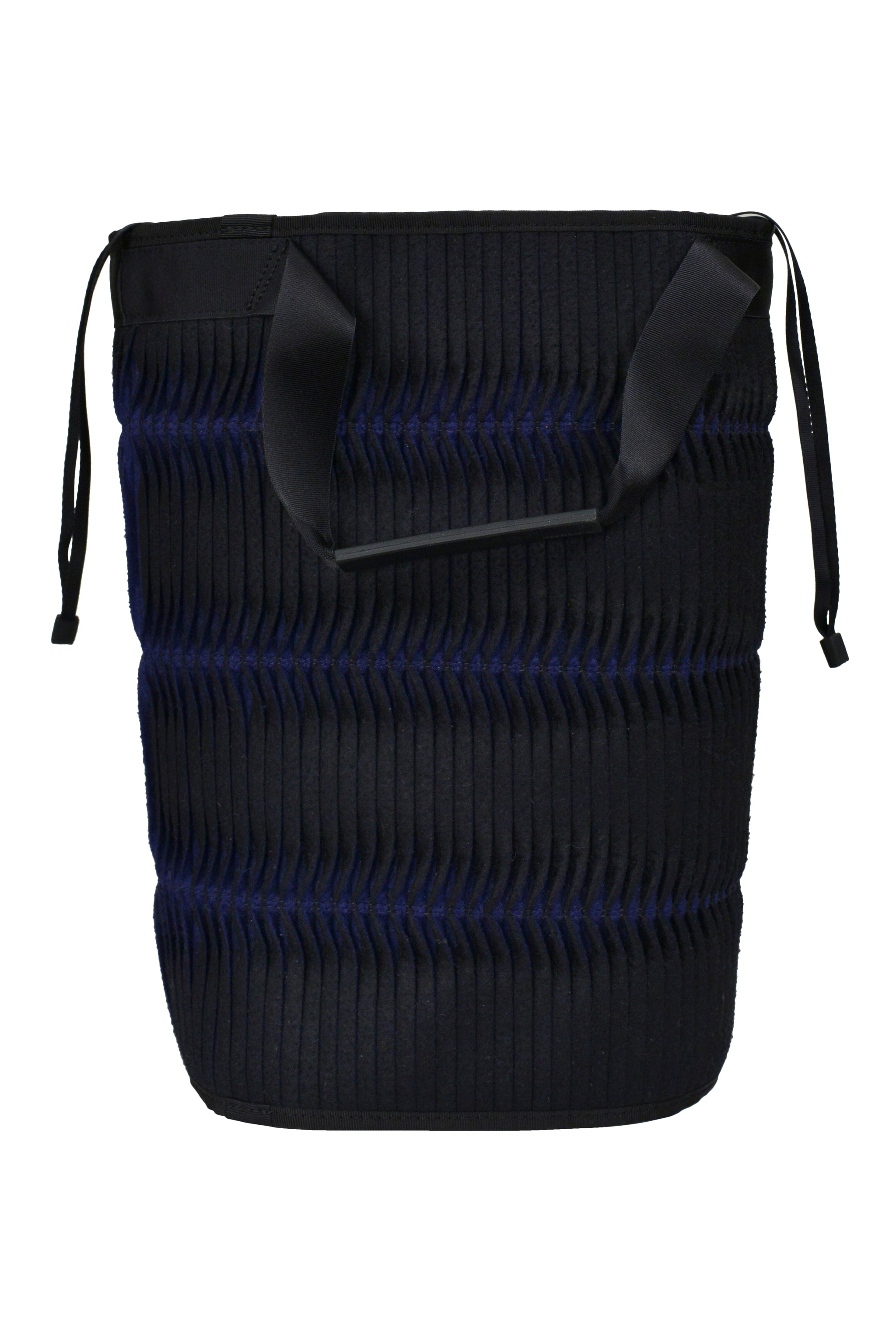 ISSEY MIYAKE BLACK VERTICAL PLEATED CYLINDER BAG WITH "STOP TELEVISION" PRINT 2001