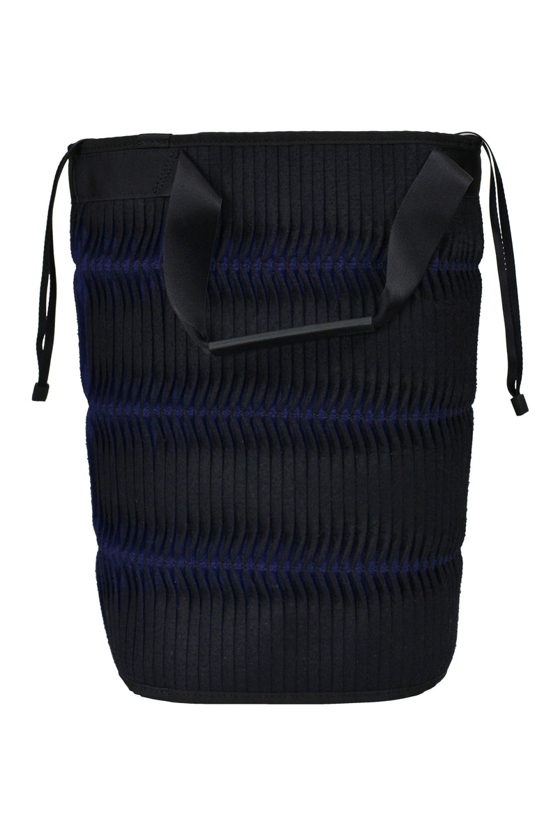 ISSEY MIYAKE BLACK VERTICAL PLEATED CYLINDER BAG WITH "STOP TELEVISION" PRINT 2001