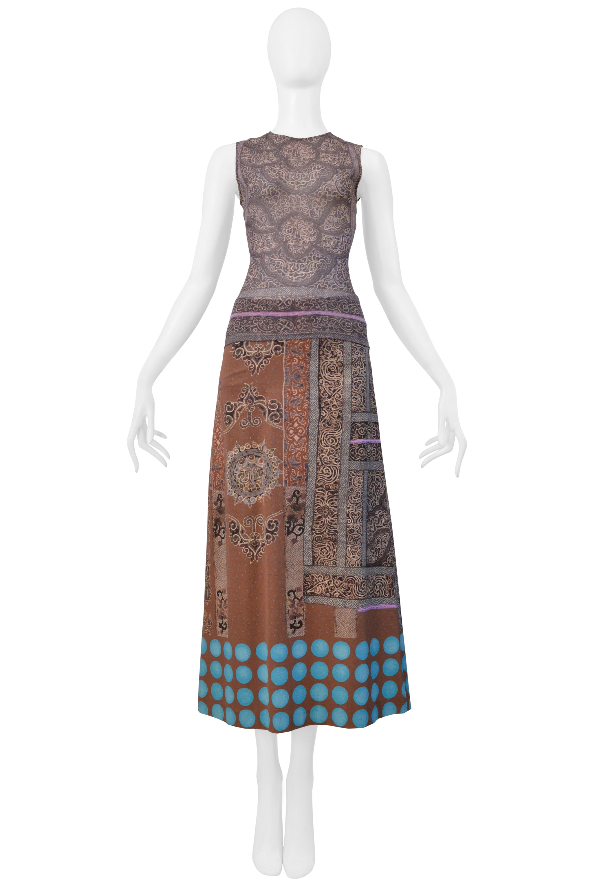ISSEY MIYAKE BLUE AND TAN SKIRT ENSEMBLE WITH KASHMIR PAISLEY AND POLKA DOTS 2001