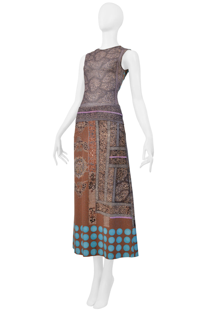 ISSEY MIYAKE BLUE AND TAN SKIRT ENSEMBLE WITH KASHMIR PAISLEY AND POLKA DOTS 2001