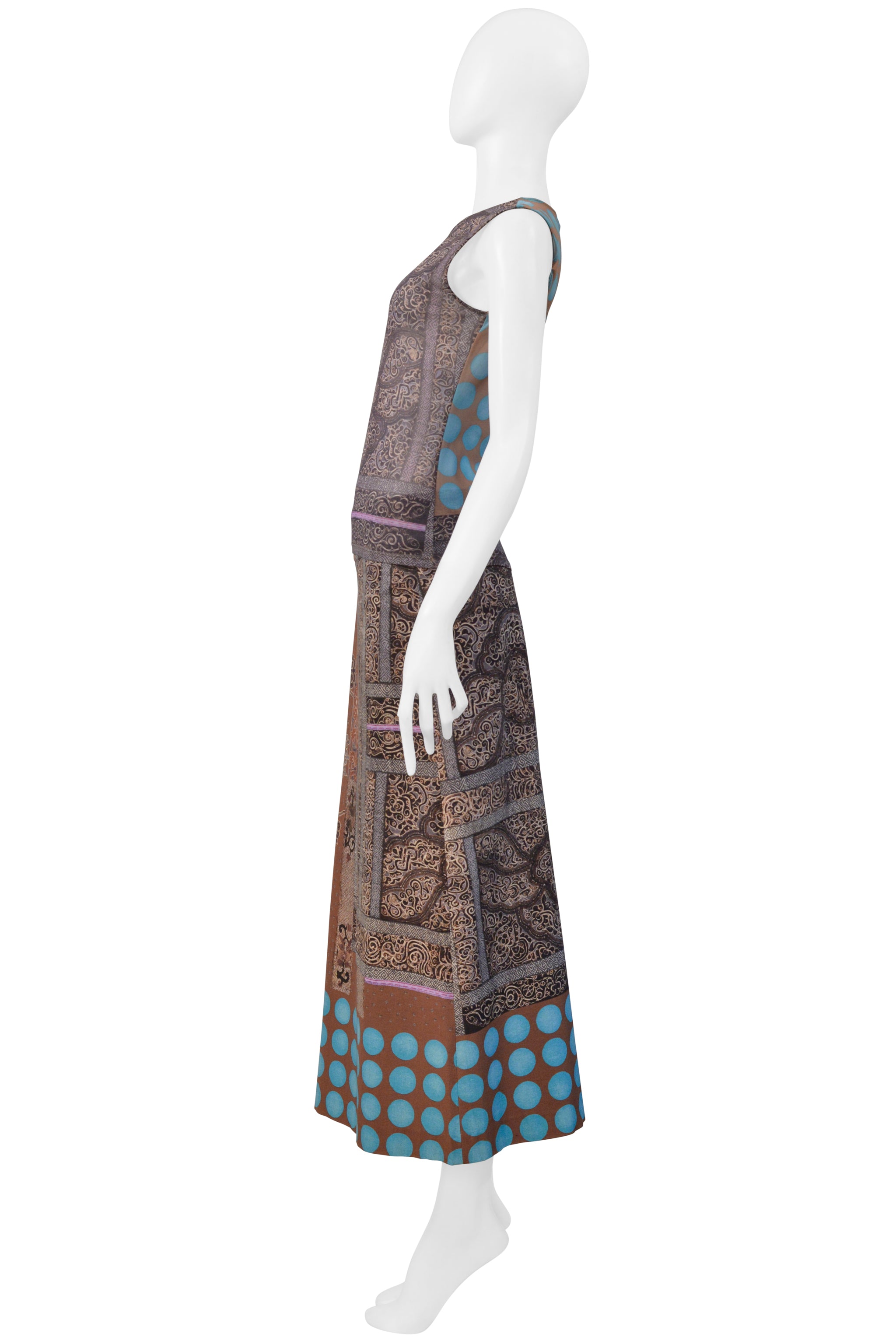 ISSEY MIYAKE BLUE AND TAN SKIRT ENSEMBLE WITH KASHMIR PAISLEY AND POLKA DOTS 2001
