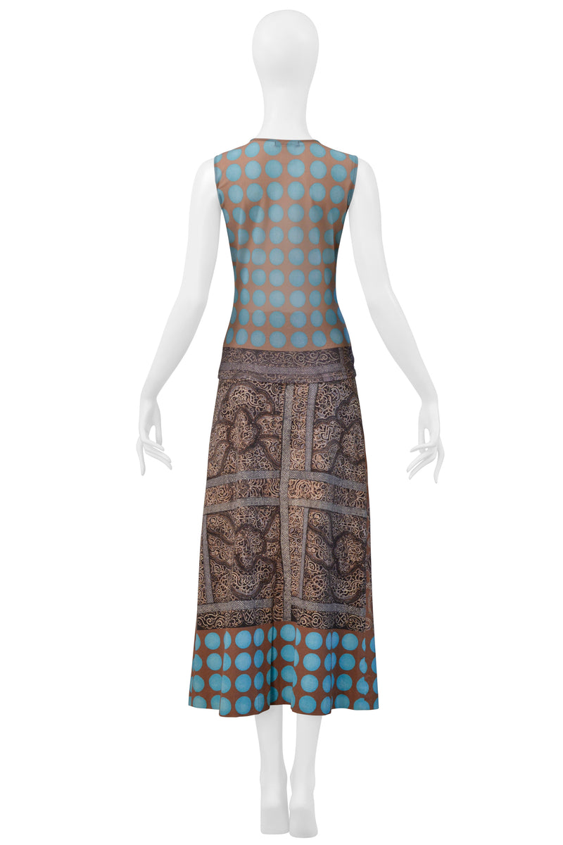 ISSEY MIYAKE BLUE AND TAN SKIRT ENSEMBLE WITH KASHMIR PAISLEY AND POLKA DOTS 2001