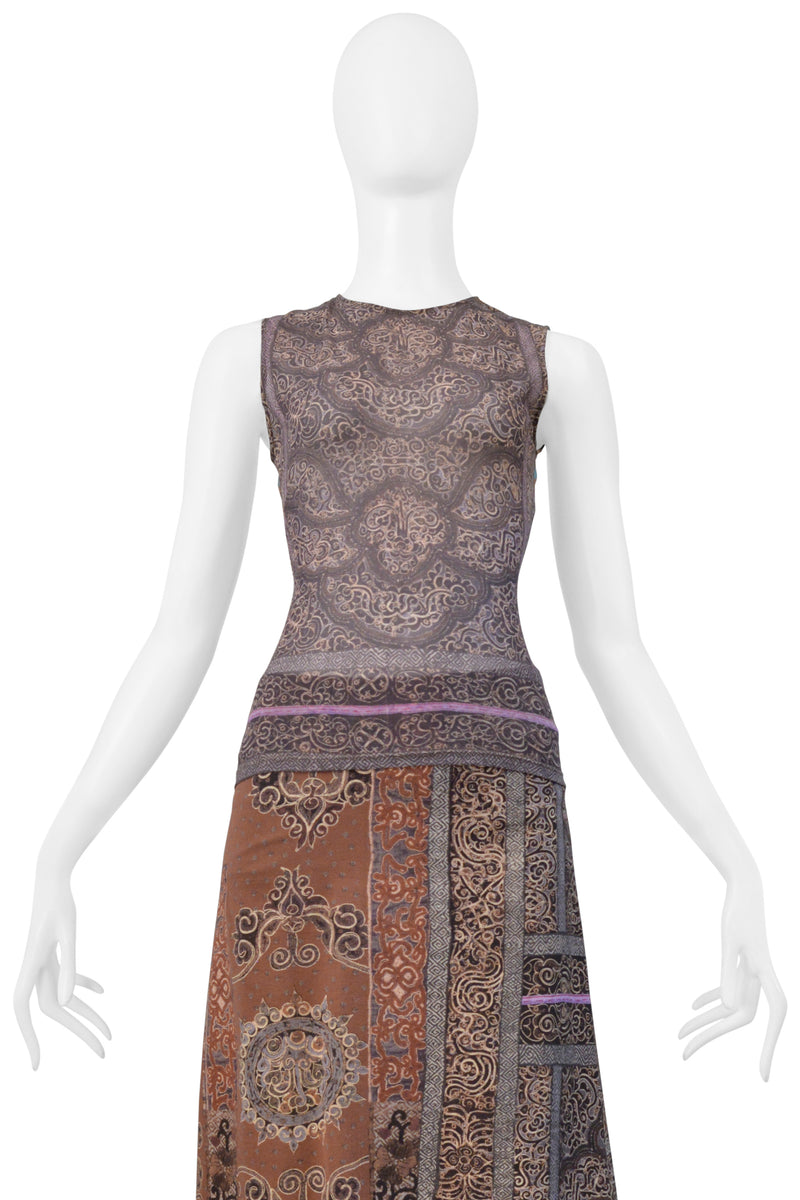 ISSEY MIYAKE BLUE AND TAN SKIRT ENSEMBLE WITH KASHMIR PAISLEY AND POLKA DOTS 2001