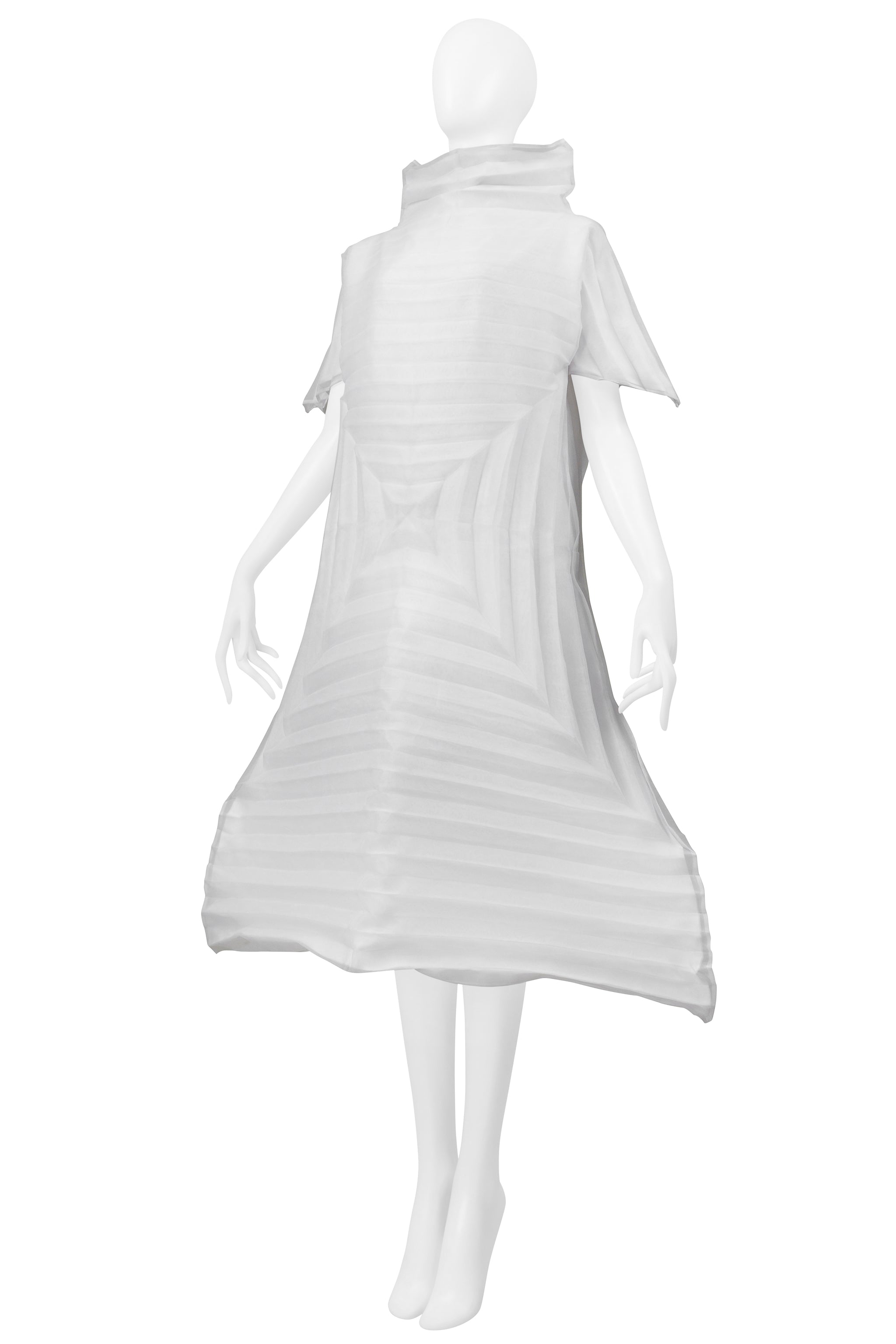 ISSEY MIYAKE WHITE PLEATED CONCENTRIC SQUARE ORGANZA DRESS 2001