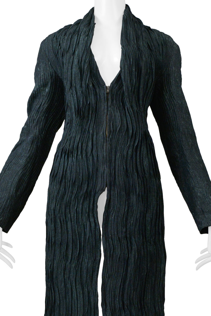 ISSEY MIYAKE SERPENT GREEN PLEATED JACKET WITH SIDE ZIPPERS AND LONG FRONT 2002-2003