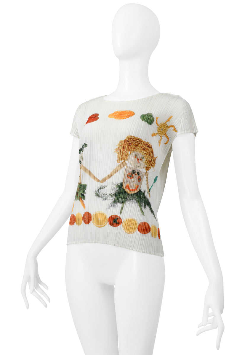 ISSEY MIYAKE WHITE PLEATED GRAPHIC TOP WITH CHARACTERS SS 2004