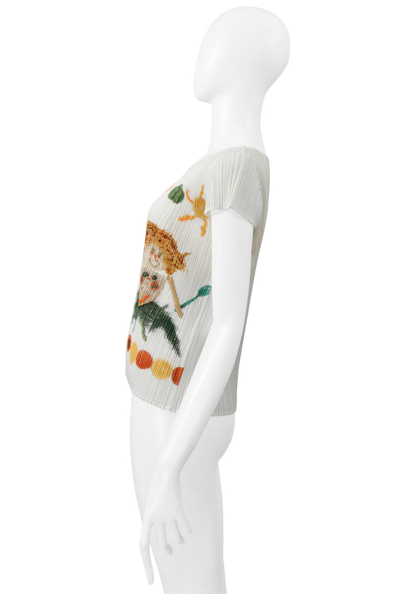 ISSEY MIYAKE WHITE PLEATED GRAPHIC TOP WITH CHARACTERS SS 2004