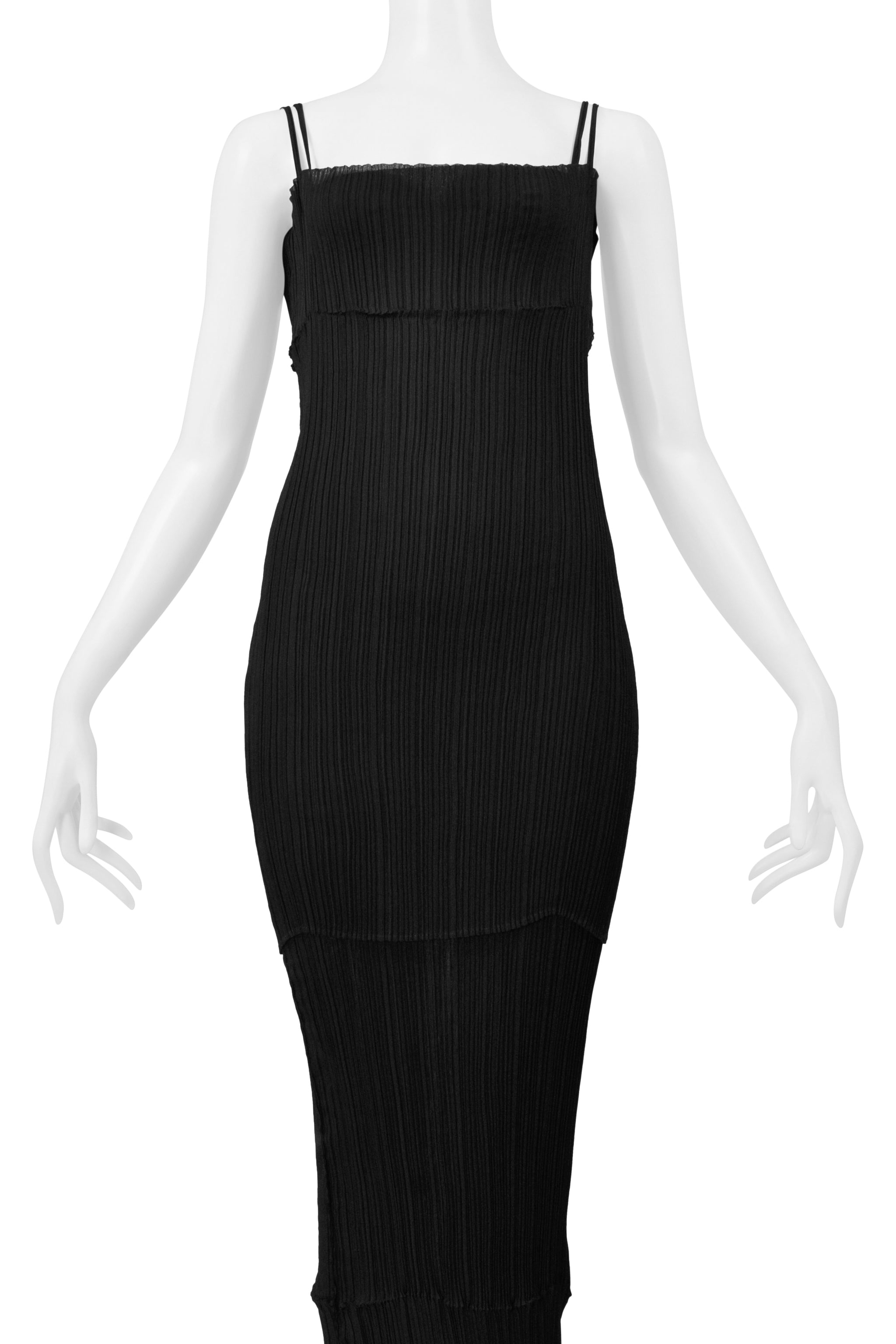 ISSEY MIYAKE BLACK PLEATED DOUBLE LAYER CAMISOLE DRESS GOWN