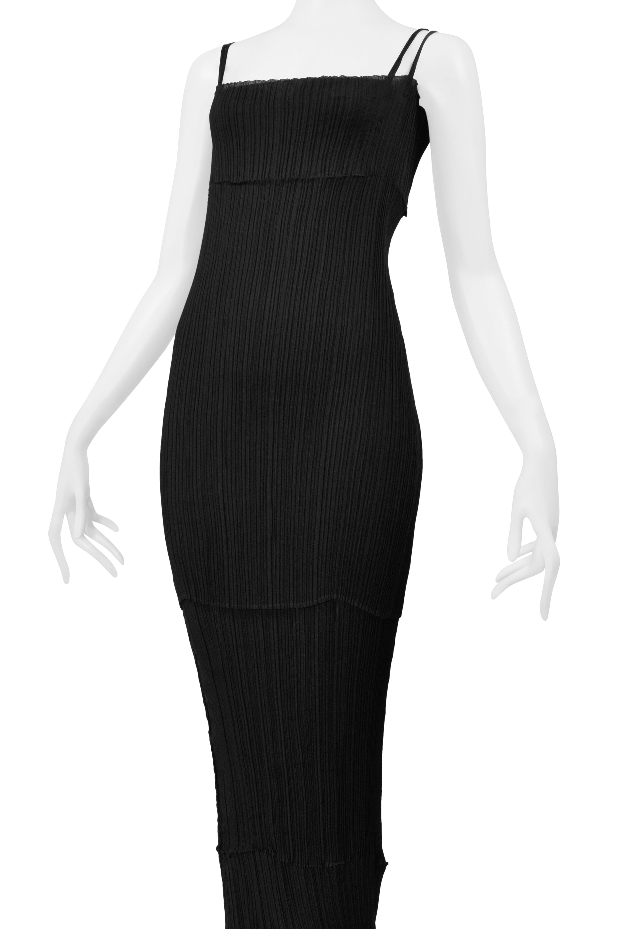 ISSEY MIYAKE BLACK PLEATED DOUBLE LAYER CAMISOLE DRESS GOWN