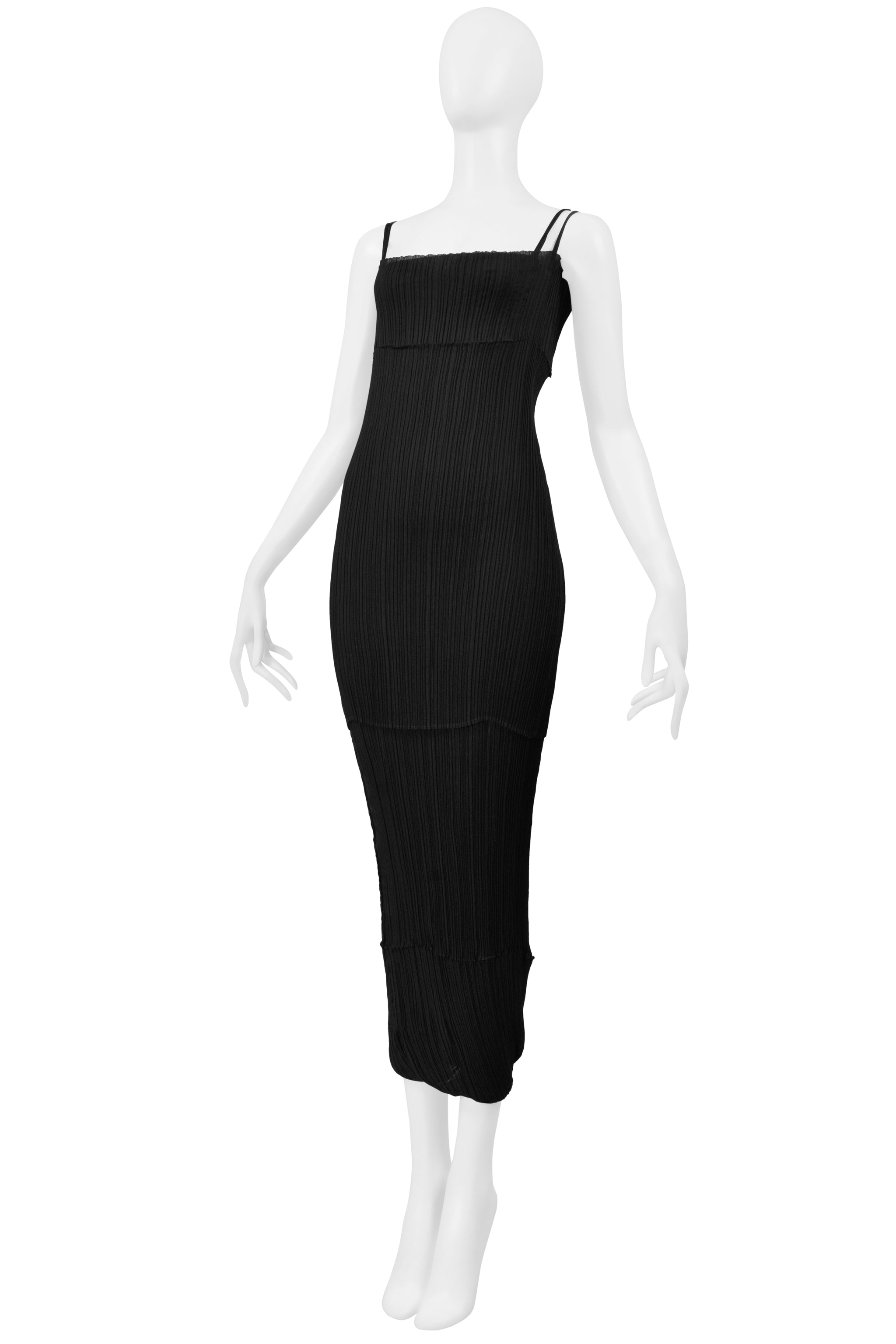 ISSEY MIYAKE BLACK PLEATED DOUBLE LAYER CAMISOLE DRESS GOWN