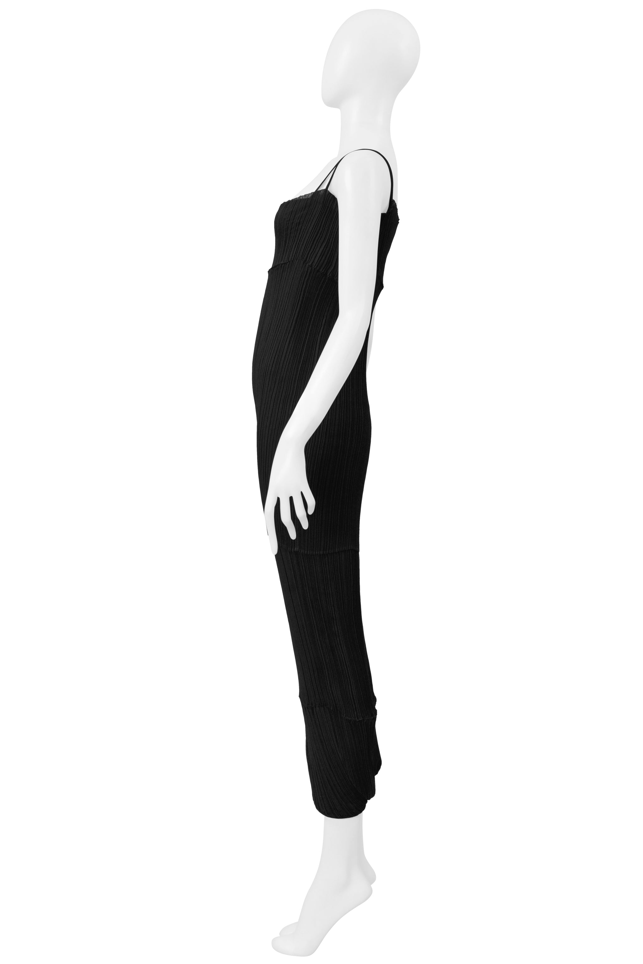 ISSEY MIYAKE BLACK PLEATED DOUBLE LAYER CAMISOLE DRESS GOWN