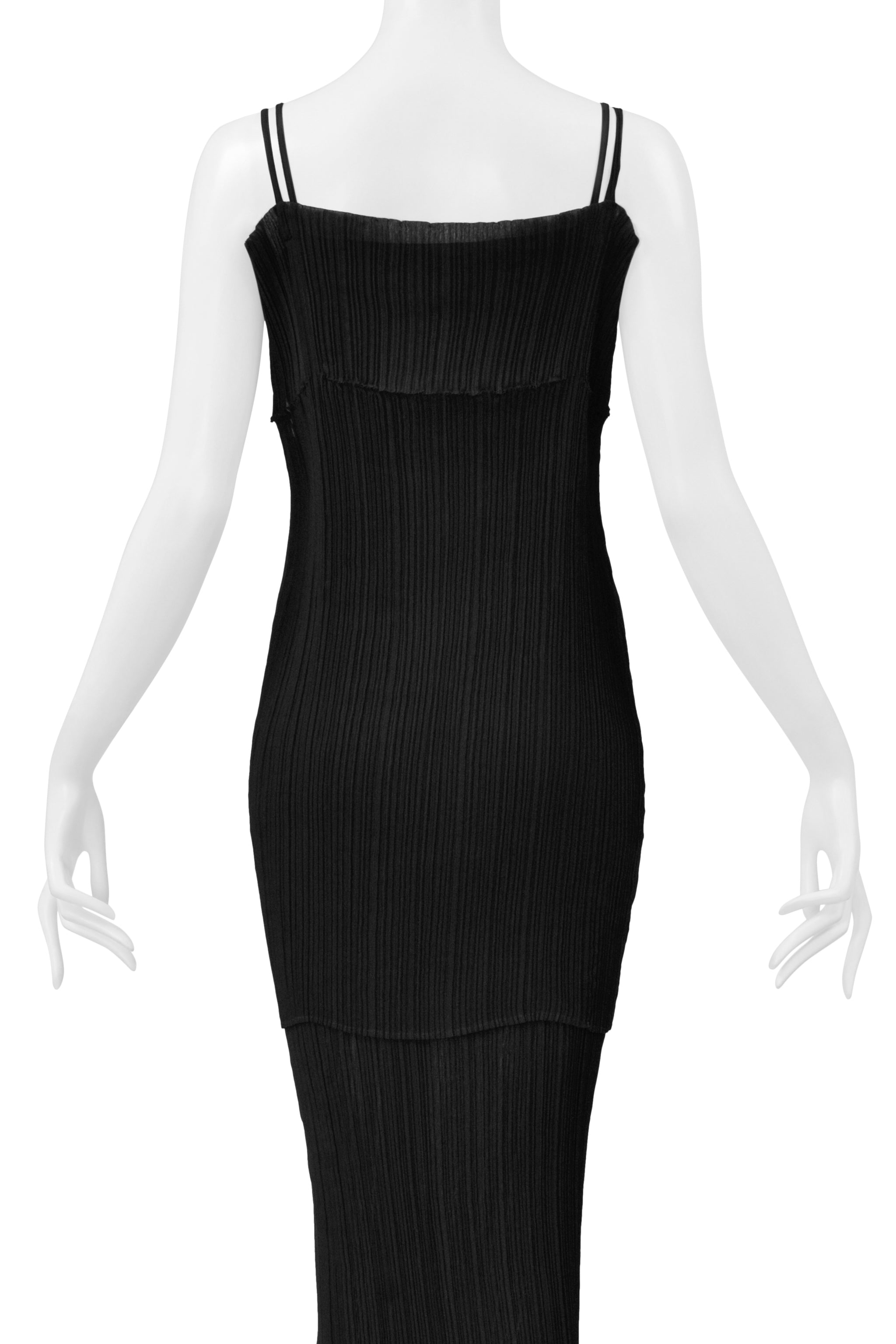 ISSEY MIYAKE BLACK PLEATED DOUBLE LAYER CAMISOLE DRESS GOWN