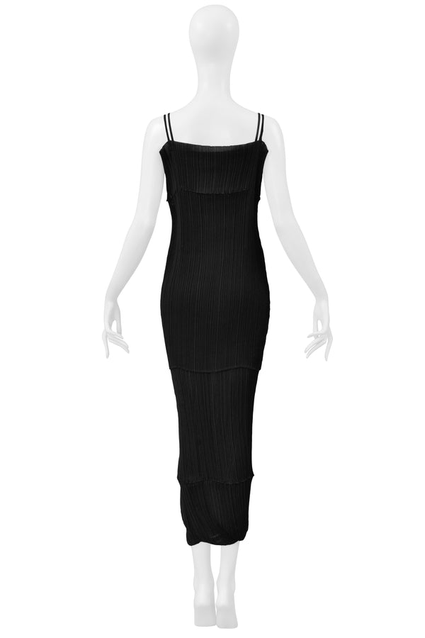 ISSEY MIYAKE BLACK PLEATED DOUBLE LAYER CAMISOLE DRESS GOWN