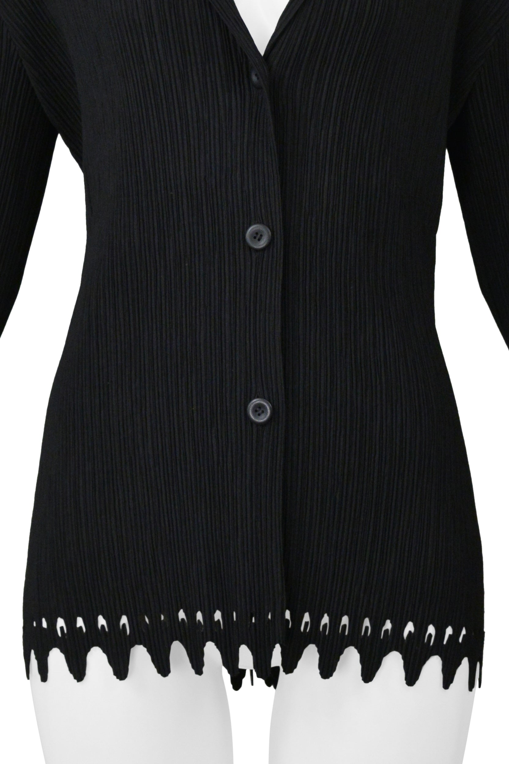 ISSEY MIYAKE BLACK PLEATED THREE BUTTON JACKET WITH LASER CUT HEM & CUFFS