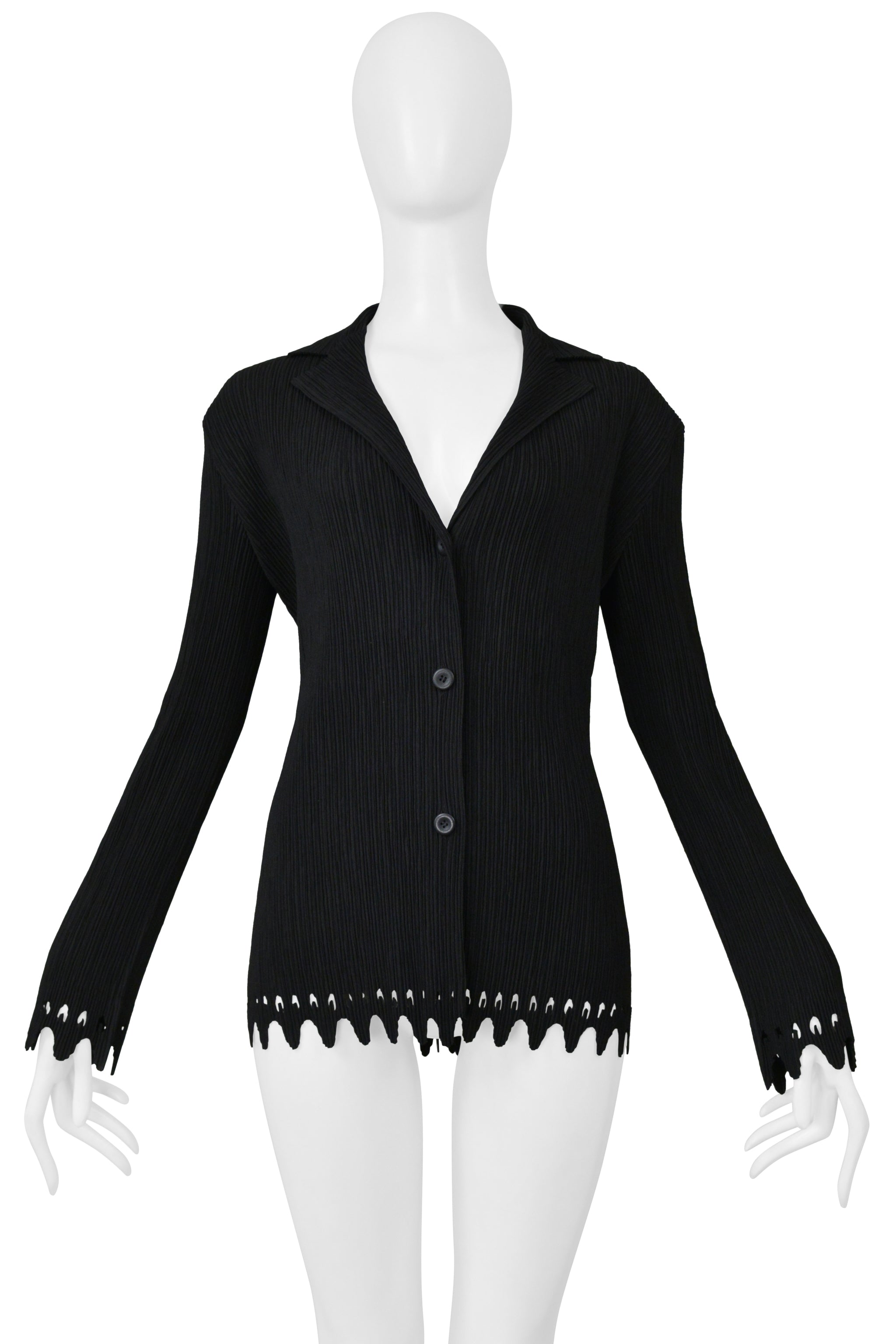 ISSEY MIYAKE BLACK PLEATED THREE BUTTON JACKET WITH LASER CUT HEM & CUFFS