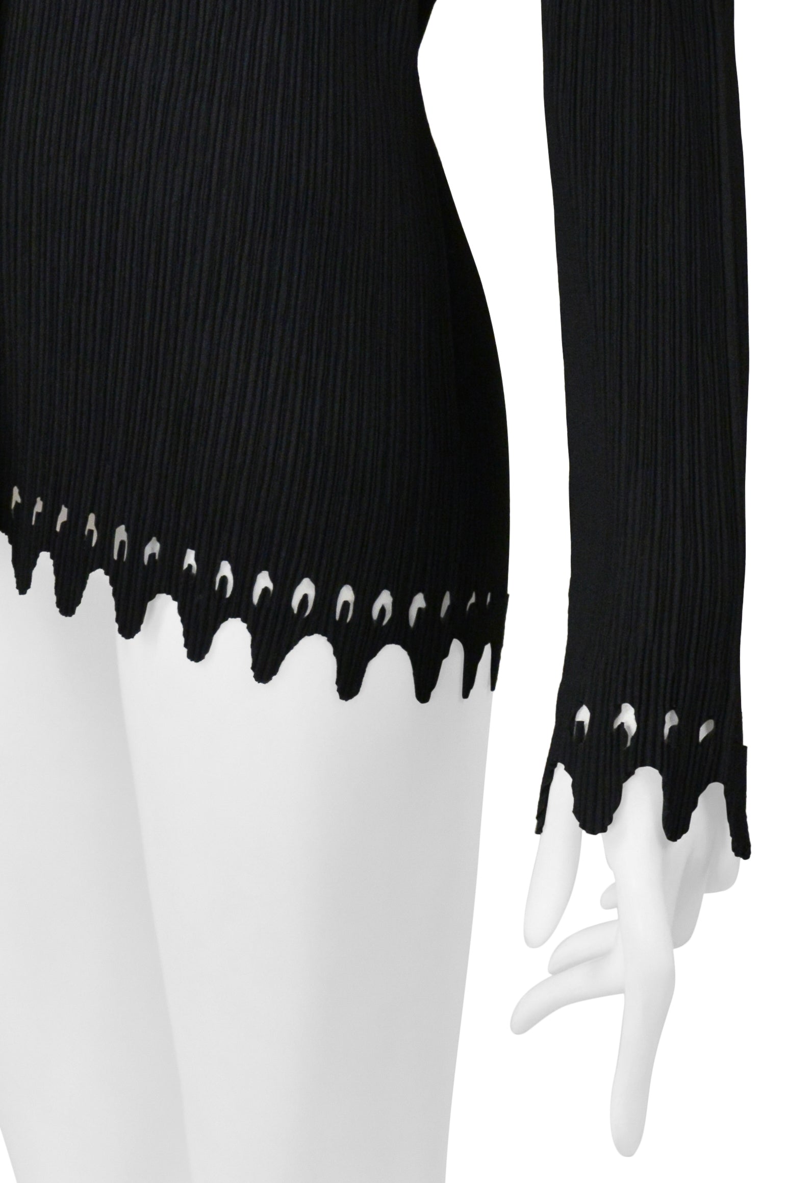 ISSEY MIYAKE BLACK PLEATED THREE BUTTON JACKET WITH LASER CUT HEM & CUFFS