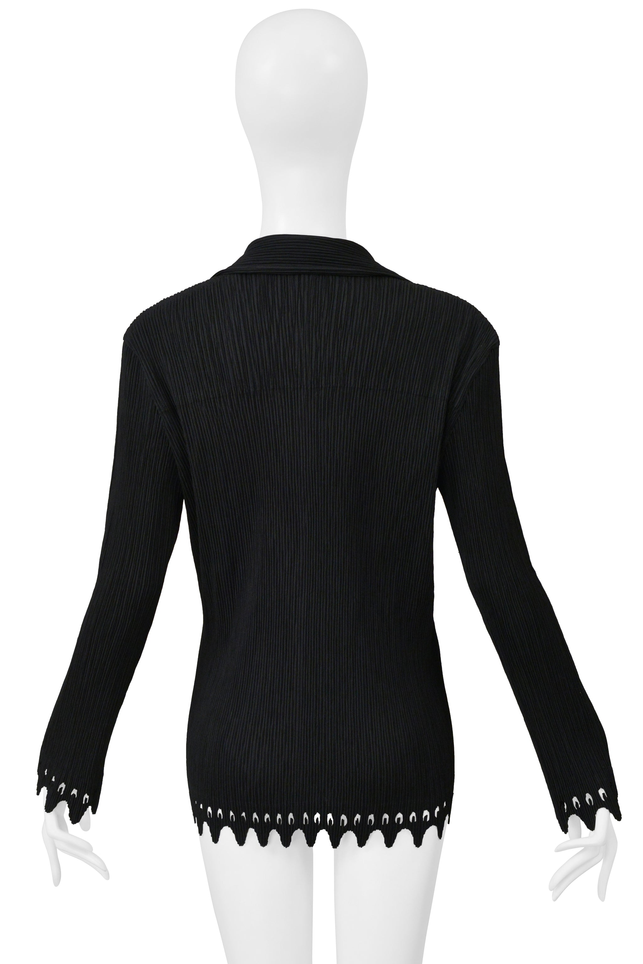 ISSEY MIYAKE BLACK PLEATED THREE BUTTON JACKET WITH LASER CUT HEM & CUFFS