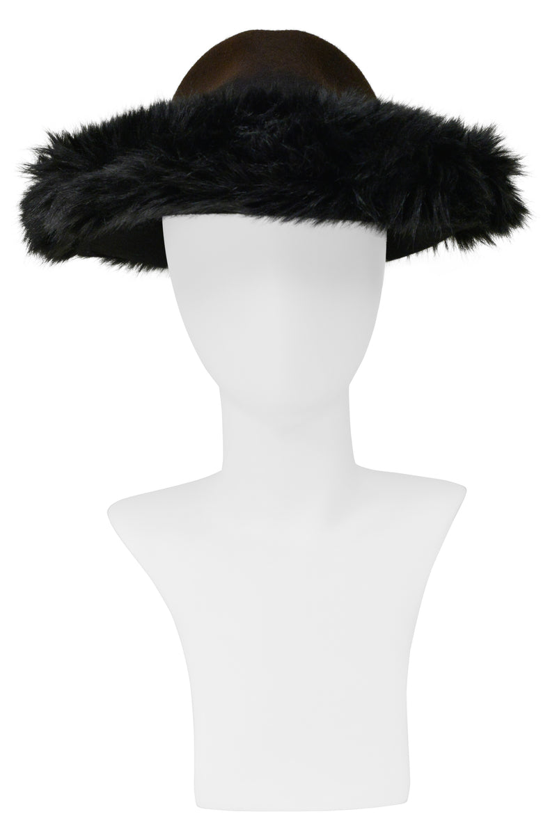 ISSEY MIYAKE BROWN HAT WITH DETACHABLE BLACK FAUX FUR