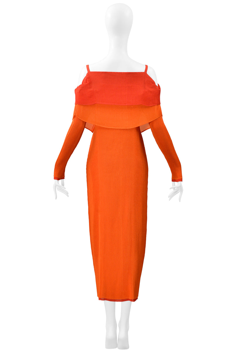 ISSEY MIYAKE  RED AND ORANGE DOUBLE LAYERED PLEATED DRESS FW 2000-2001