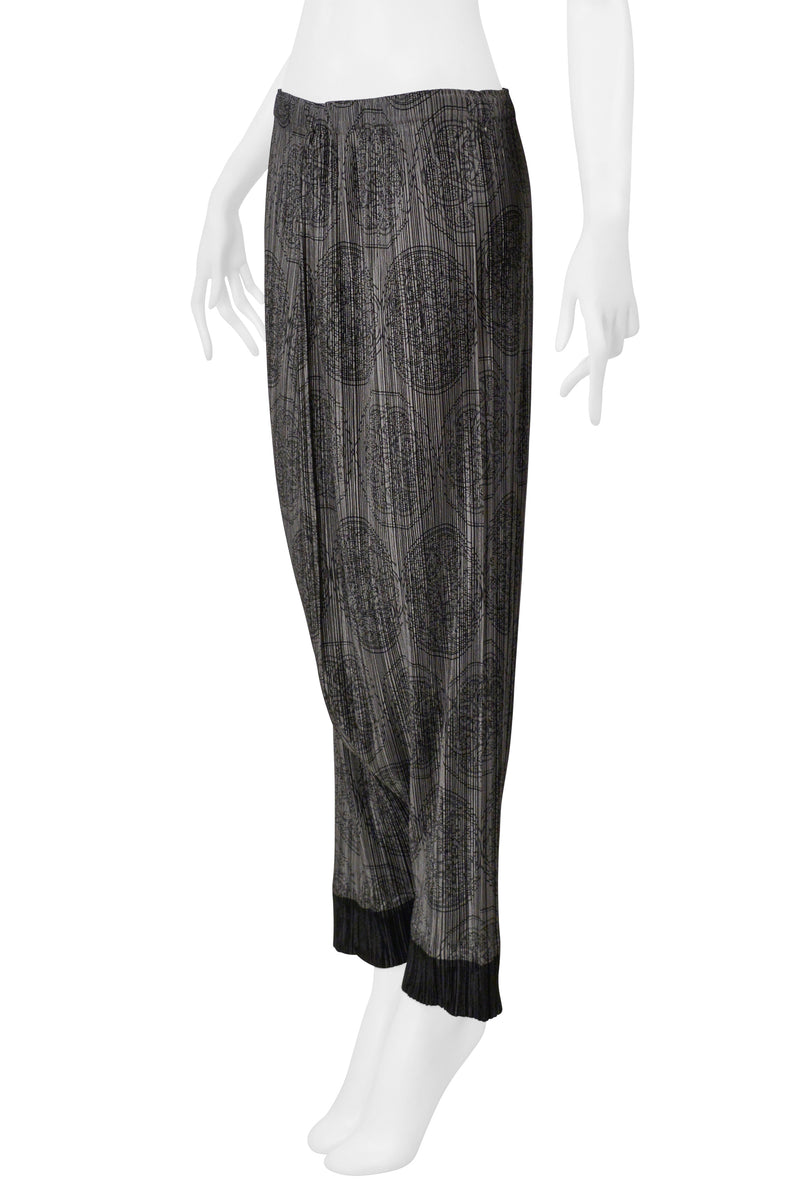 ISSEY MIYAKE PLEATS PLEASE GREY HAREM PANTS WITH MEDALLION PRINT AND BLACK CUFFS