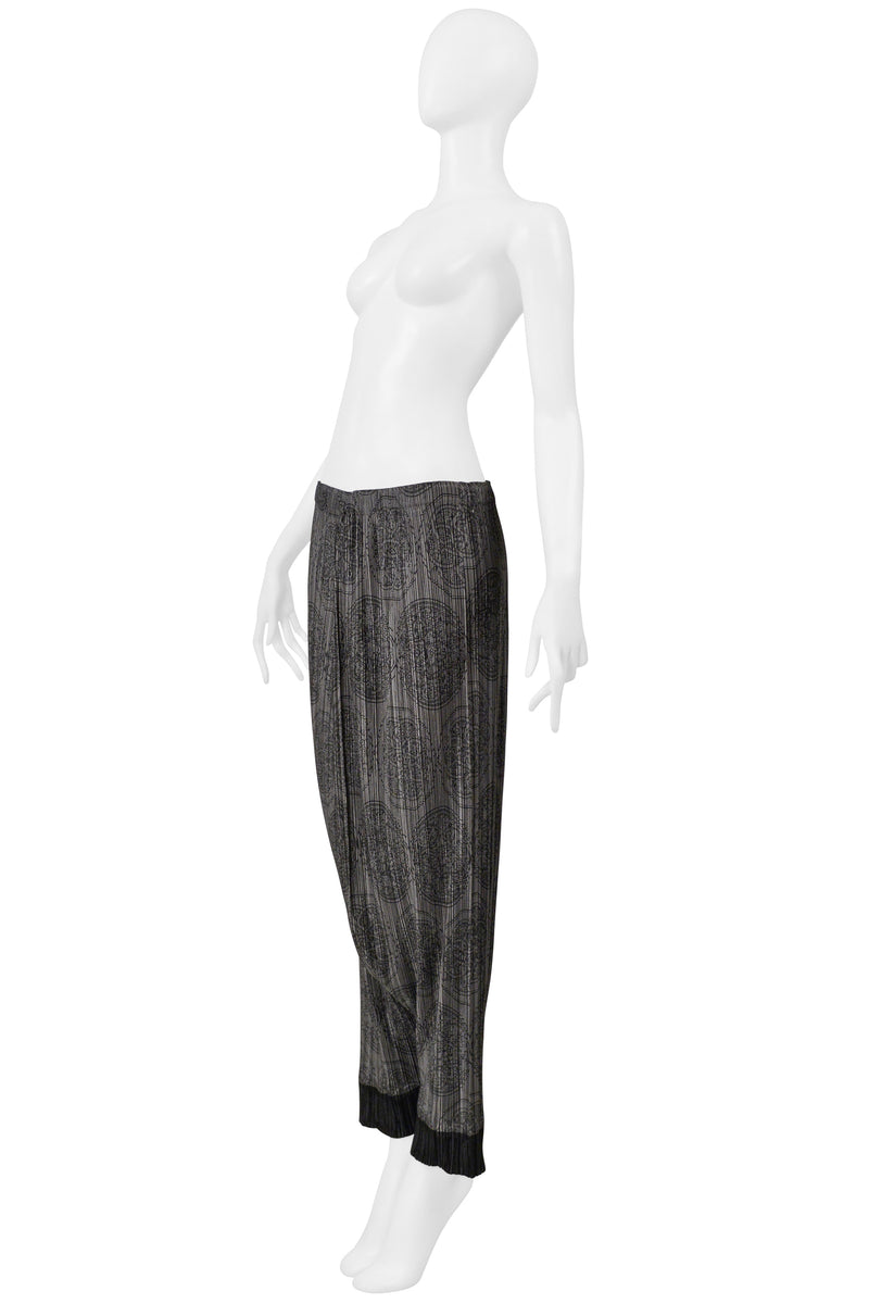 ISSEY MIYAKE PLEATS PLEASE GREY HAREM PANTS WITH MEDALLION PRINT AND BLACK CUFFS