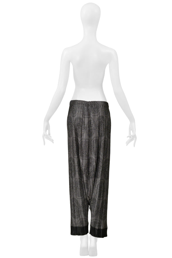 ISSEY MIYAKE PLEATS PLEASE GREY HAREM PANTS WITH MEDALLION PRINT AND BLACK CUFFS