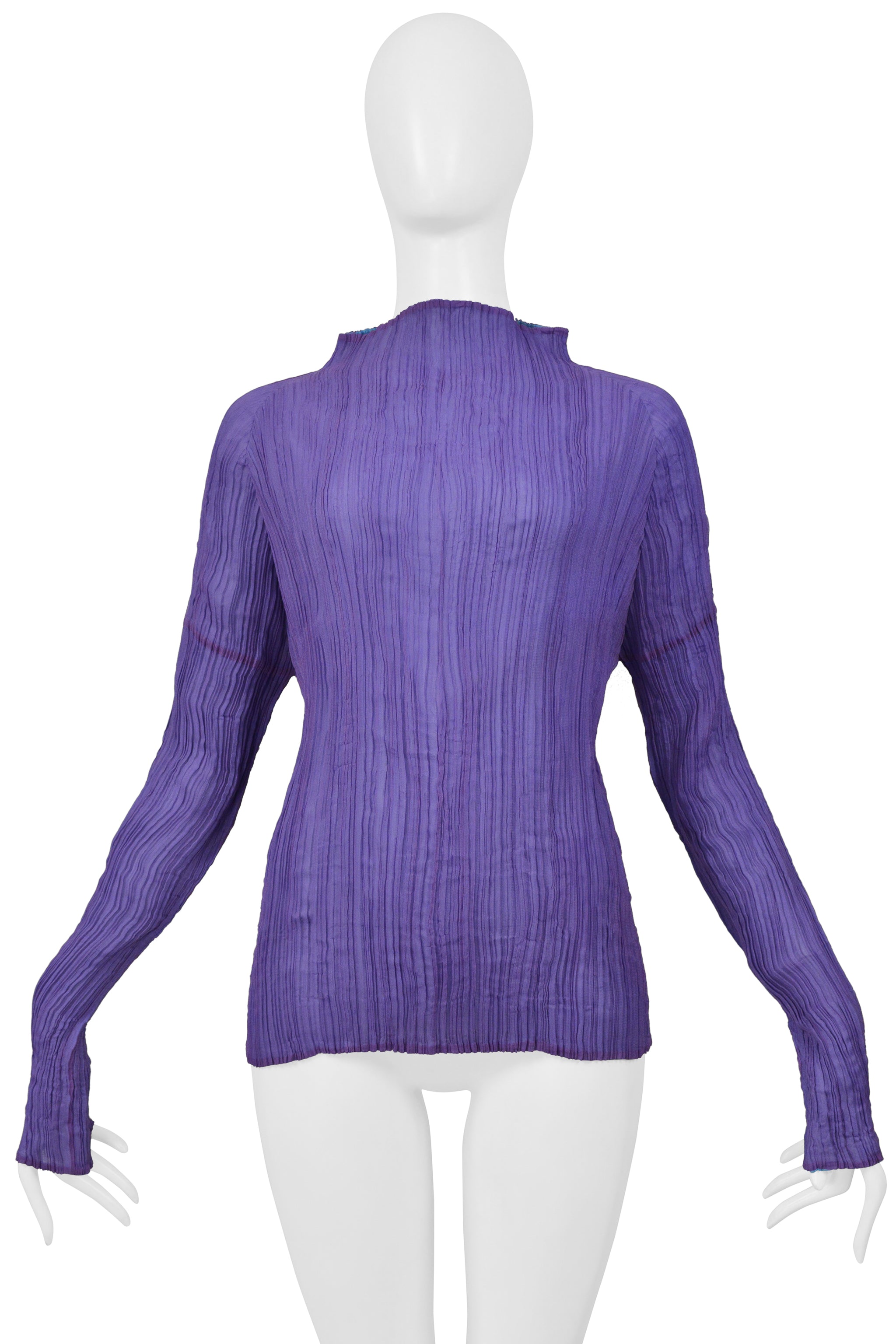 ISSEY MIYAKE PURPLE AND BLUE PLEATED TOP WITH HIGH NECK AND LONG SLEEVES