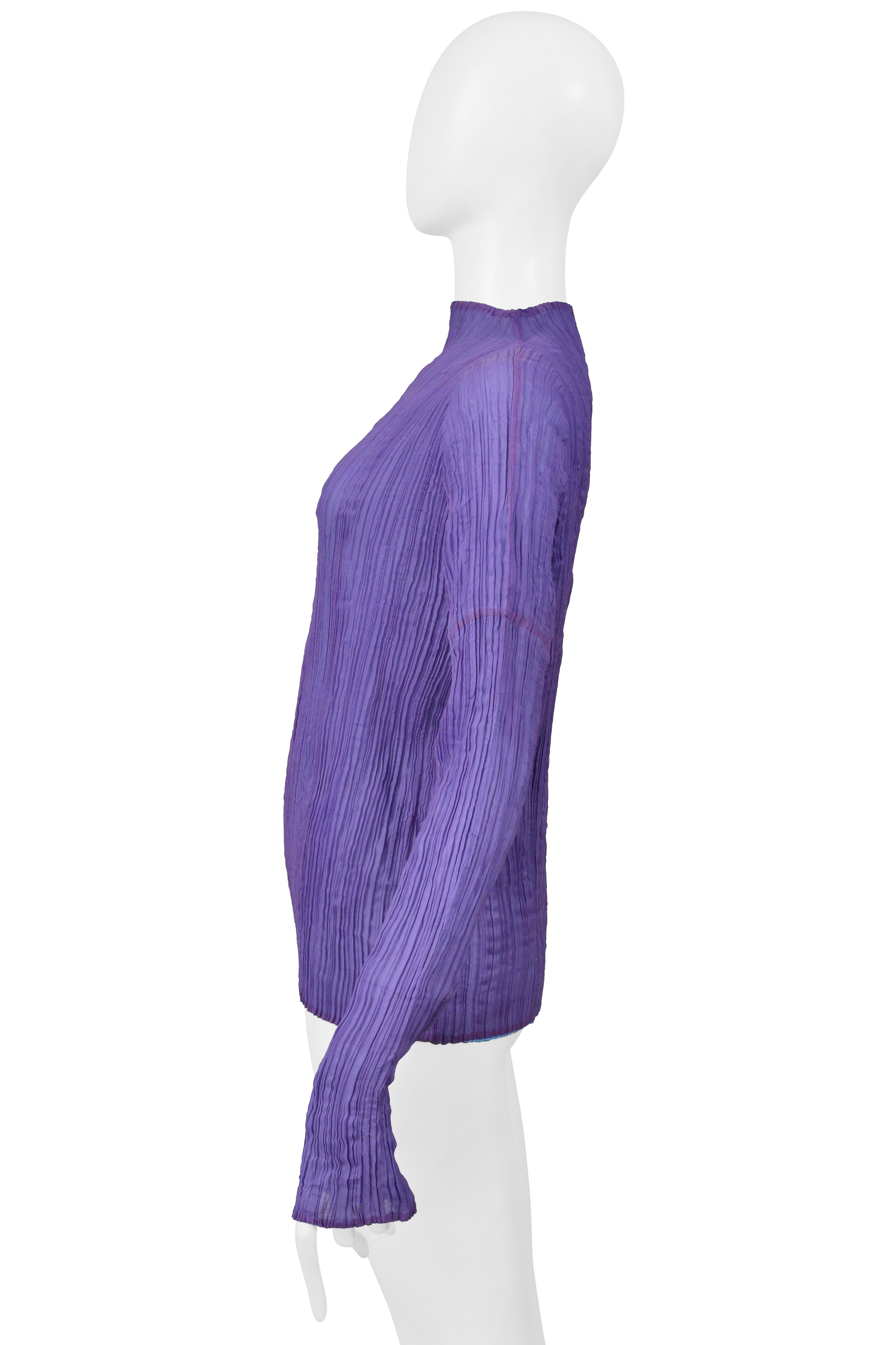 ISSEY MIYAKE PURPLE AND BLUE PLEATED TOP WITH HIGH NECK AND LONG SLEEVES