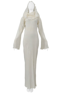 ISSEY MIYAKE WHITE LONG LINEN DRESS WITH DRAPED NECK 1998