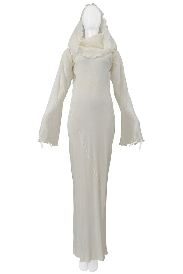 ISSEY MIYAKE WHITE LONG LINEN DRESS WITH DRAPED NECK 1998