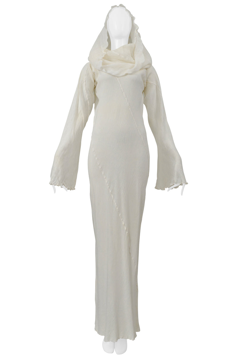 ISSEY MIYAKE WHITE LONG LINEN DRESS WITH DRAPED NECK 1998