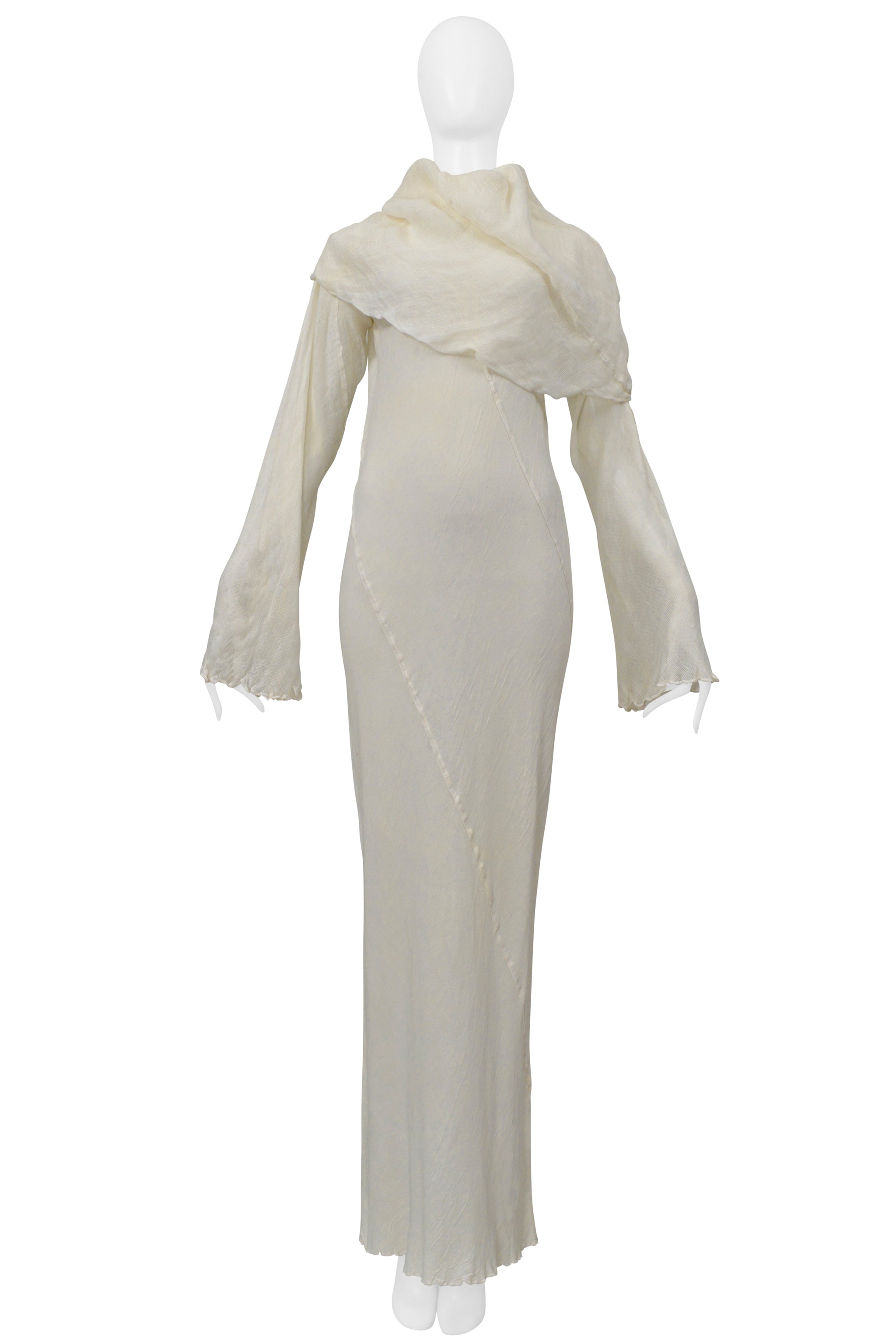 ISSEY MIYAKE WHITE LONG LINEN DRESS WITH DRAPED NECK 1998