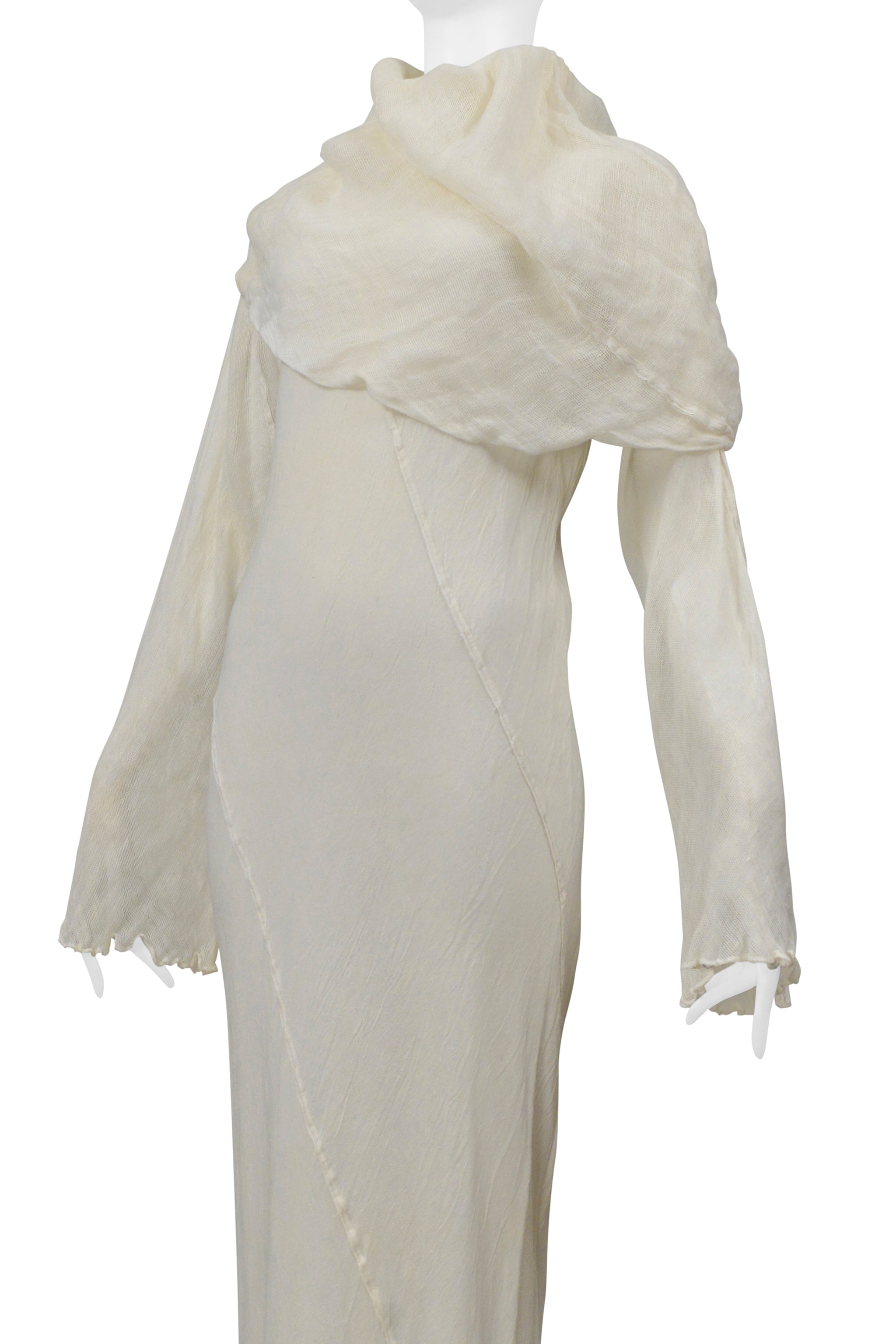 ISSEY MIYAKE WHITE LONG LINEN DRESS WITH DRAPED NECK 1998