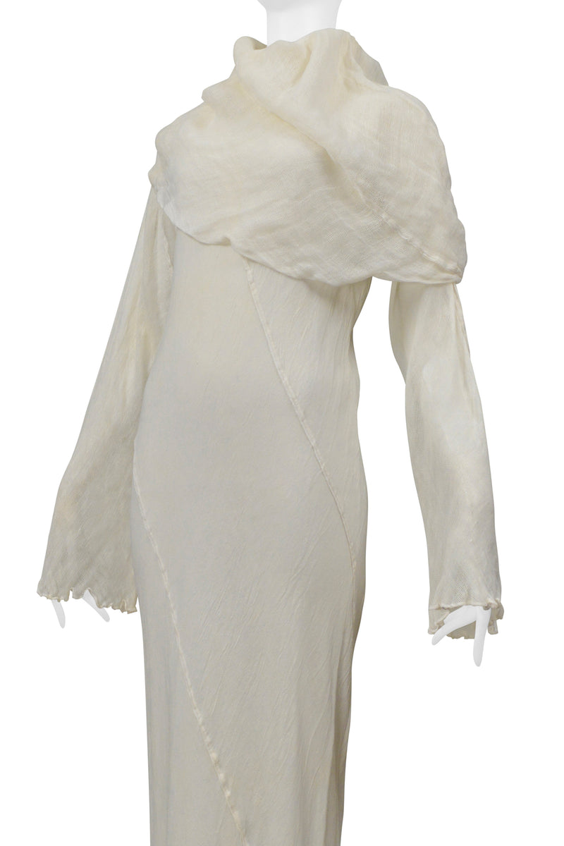 ISSEY MIYAKE WHITE LONG LINEN DRESS WITH DRAPED NECK 1998