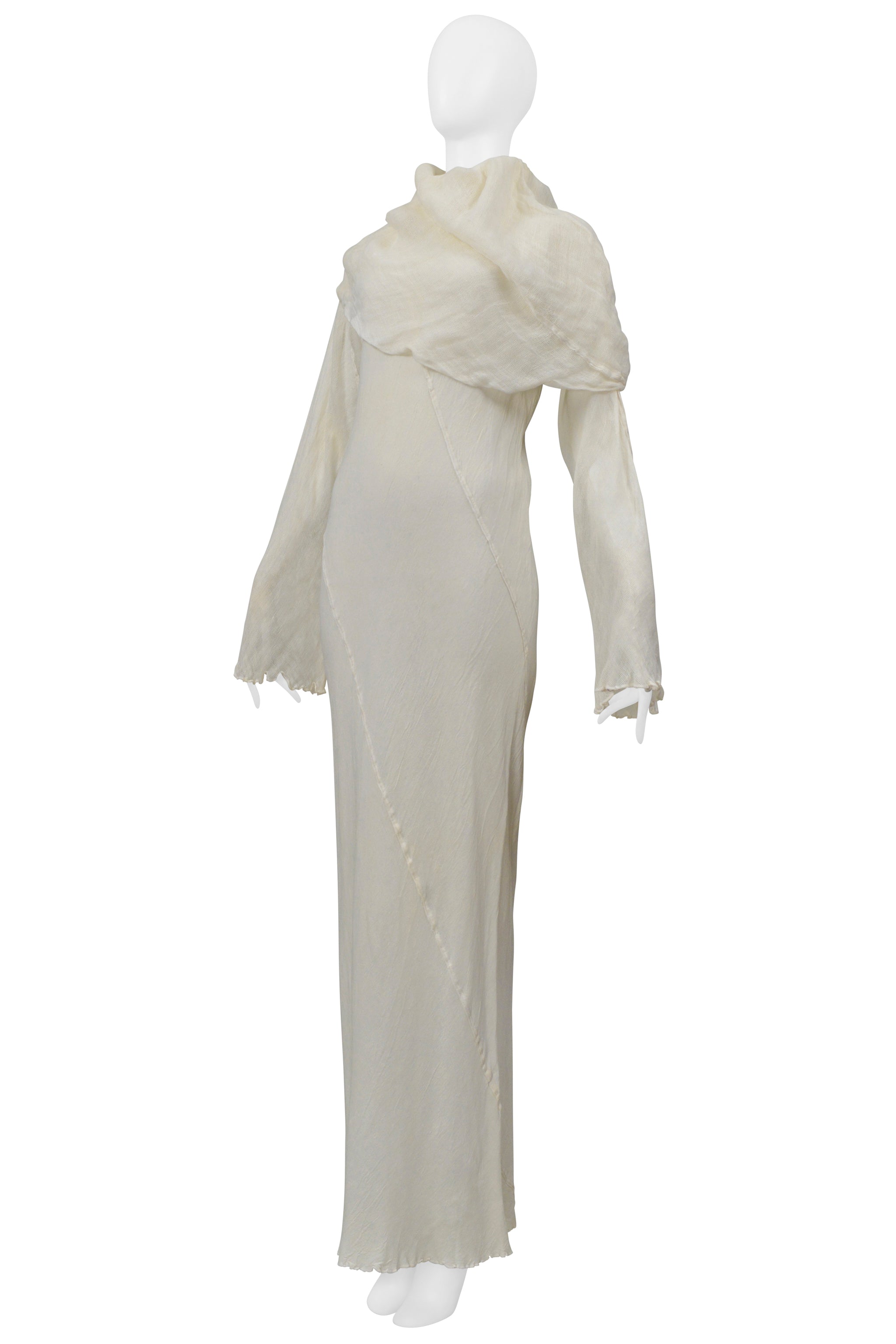 ISSEY MIYAKE WHITE LONG LINEN DRESS WITH DRAPED NECK 1998