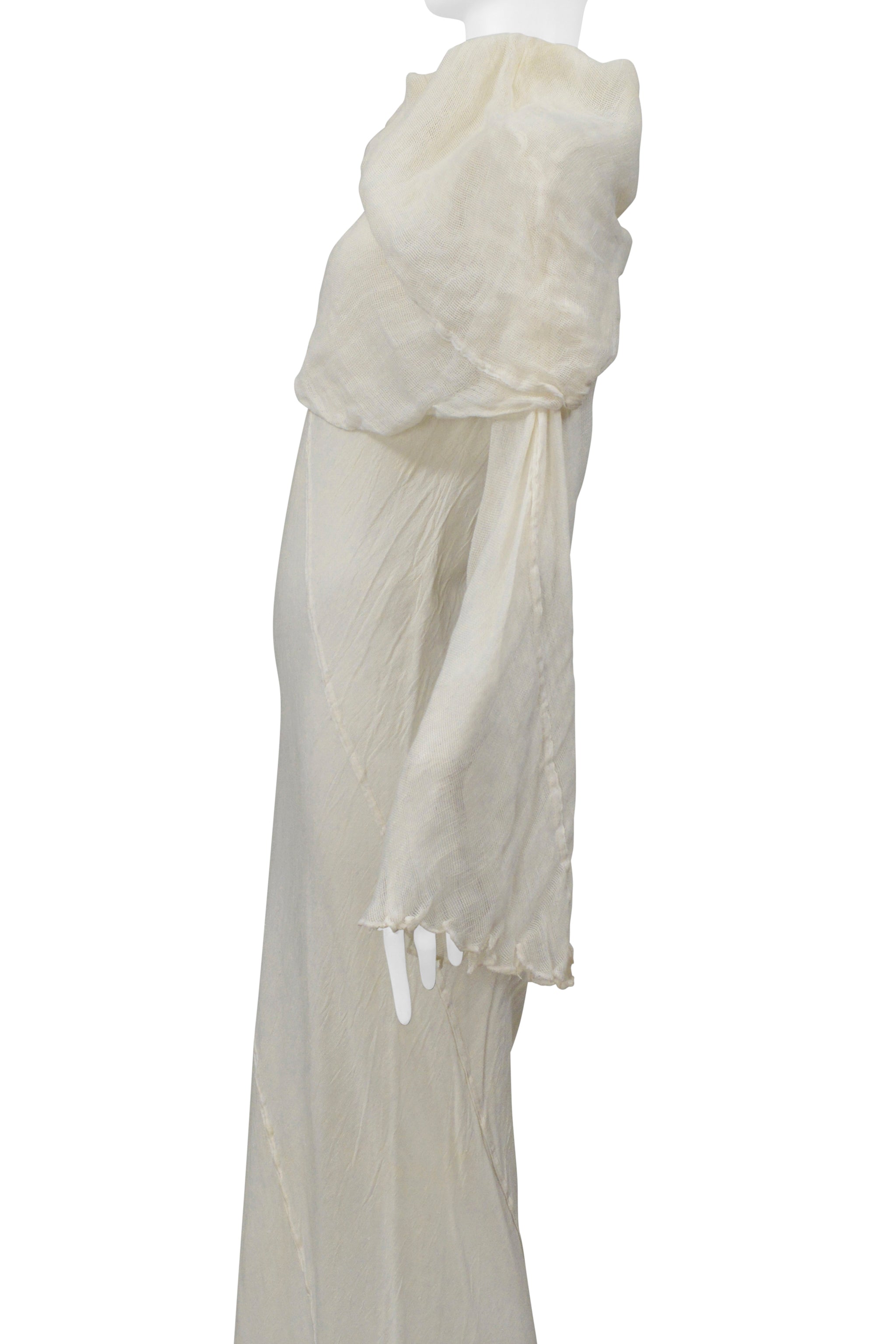 ISSEY MIYAKE WHITE LONG LINEN DRESS WITH DRAPED NECK 1998