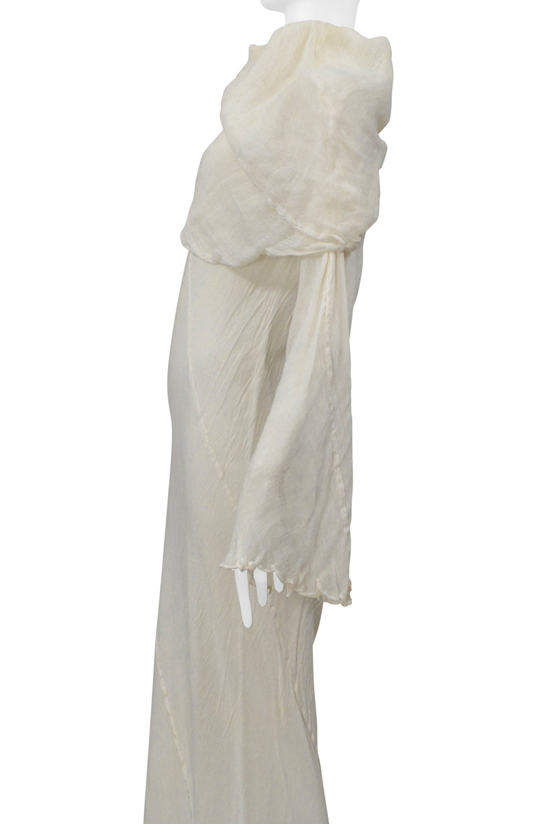 ISSEY MIYAKE WHITE LONG LINEN DRESS WITH DRAPED NECK 1998